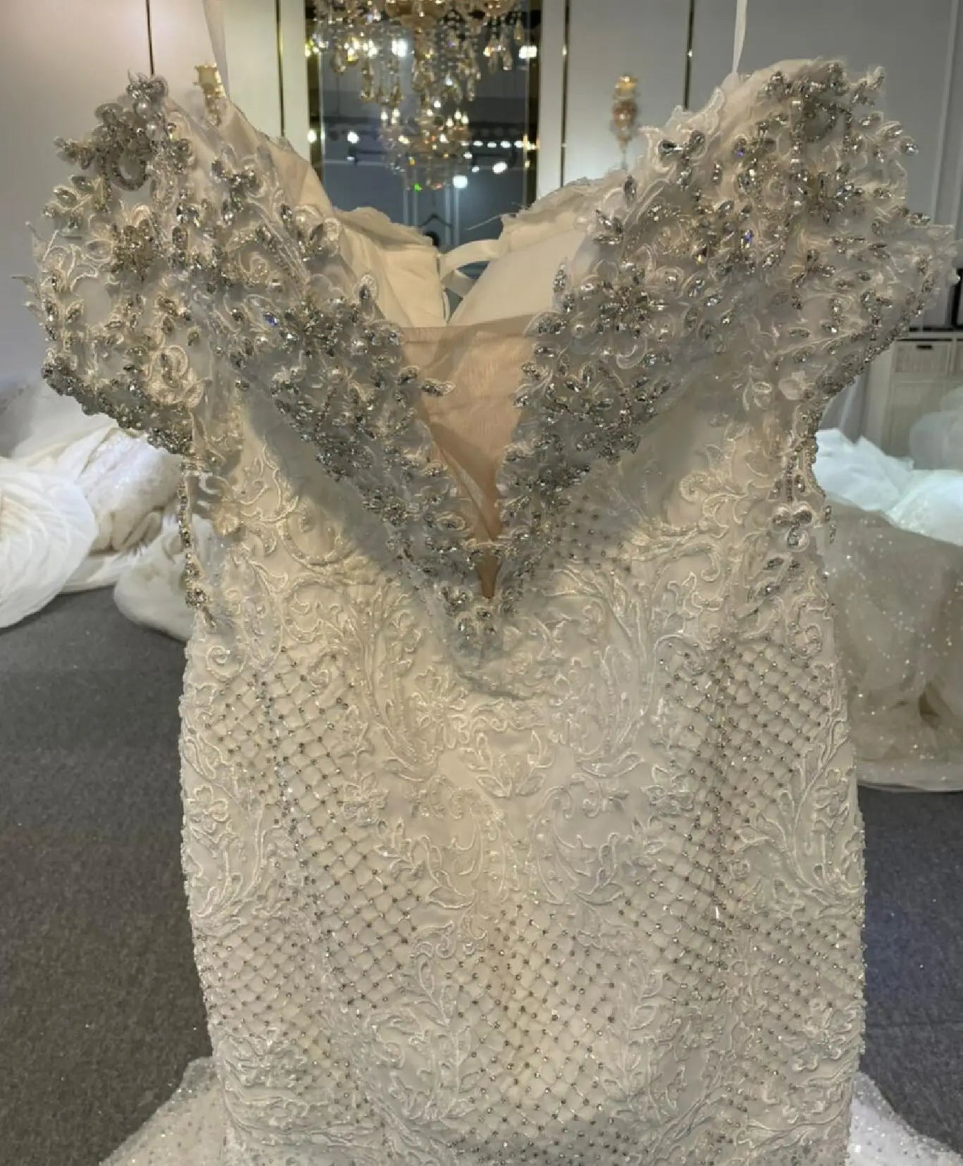 Elegant Off Shoulder Lace Crystal Wedding Dress with Detachable Ruffle Skirt - 2 in 1 Bridal Gown for Beach, Church & Outdoor Ceremonies