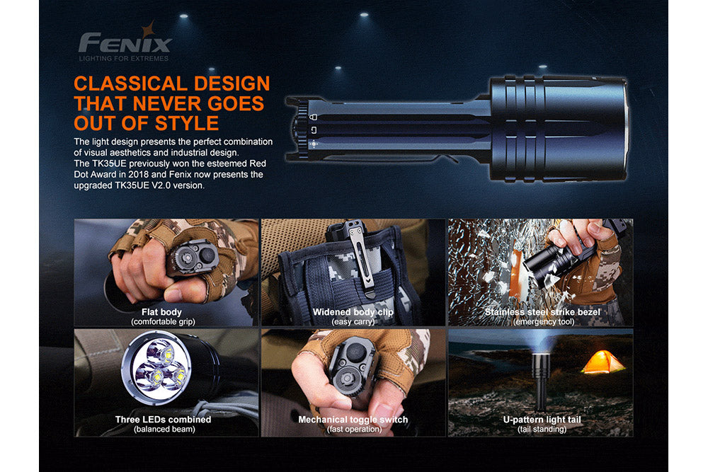 Fenix TK35UE V2.0 2000 Lumen Rechargeable Tactical Flashlight - Open Box - Perfect for Camping, Hiking & Emergency Preparedness