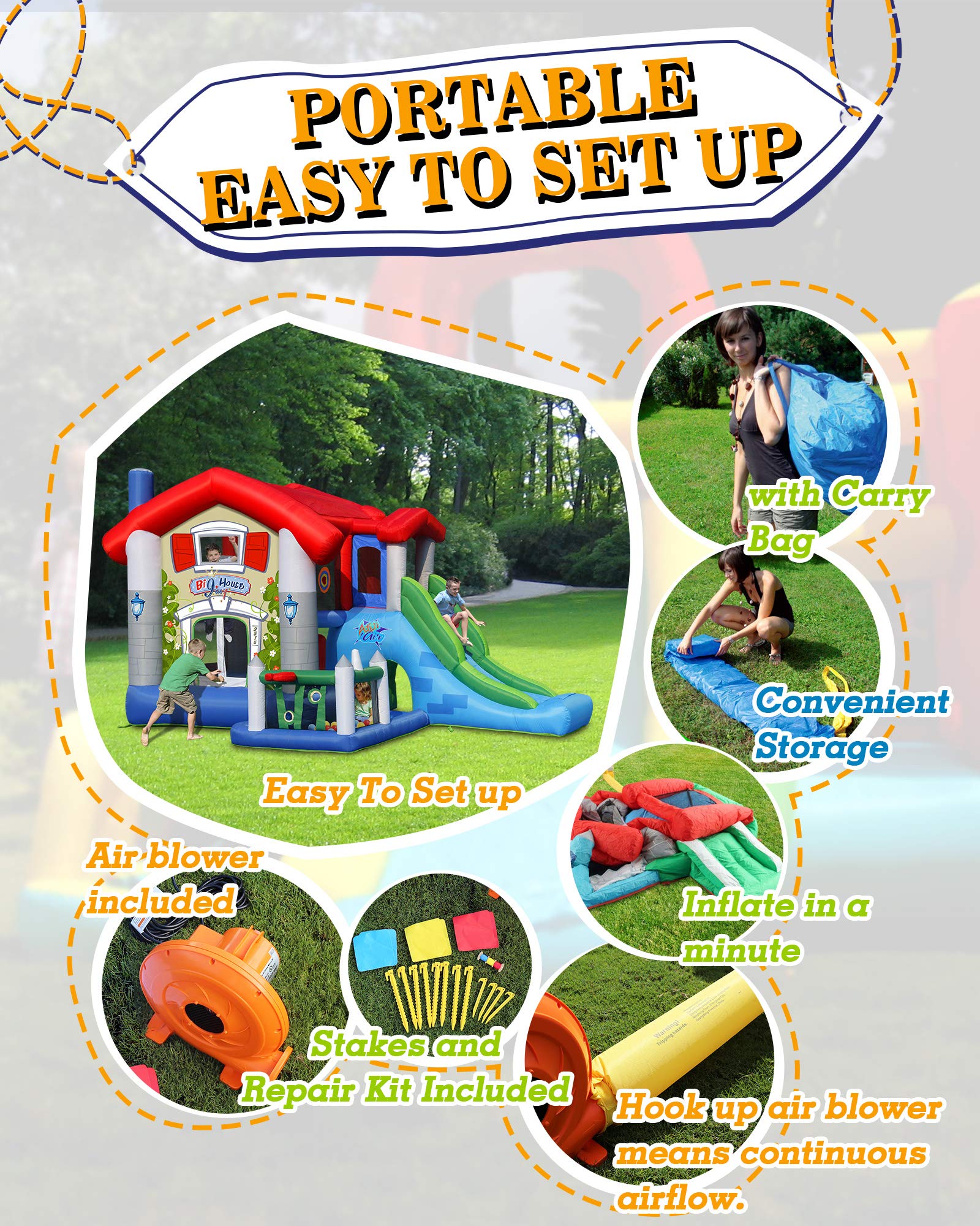 Action Air Bounce House with Blower - Inflatable Jumping Castle for Kids, Foldable Sunroof, Outdoor Party & Backyard Play (No Balls Included)