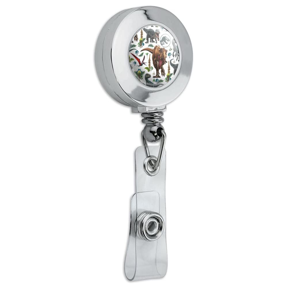 Jurassic World Dinosaur Pattern Retractable Badge Reel - Chrome ID Card Holder Clip for Work, School & Events | Official Licensed Merchandise