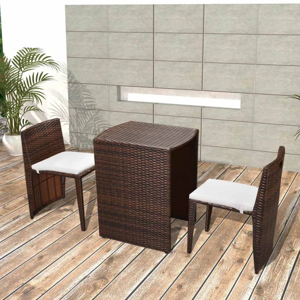 Brown Poly Rattan 3-Piece Outdoor Bistro Set with Cushions - Patio, Balcony, Garden, Bar & Dining Furniture for Backyard, Restaurant & Cafe Use