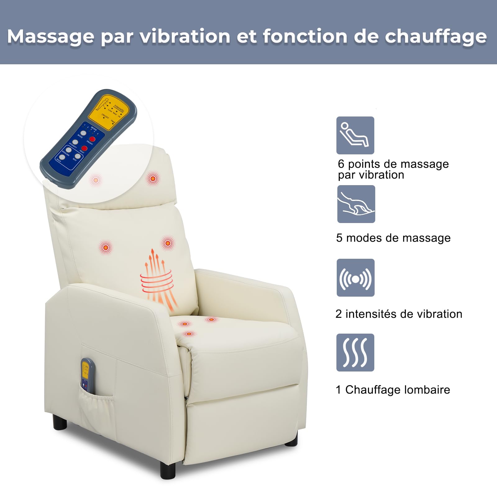 LEADZM Electric Massage Recliner Chair with Heating, Manual Rocking Backrest, Cream White PU Leather - Perfect for Living Room, Bedroom & Home Theater Relaxation