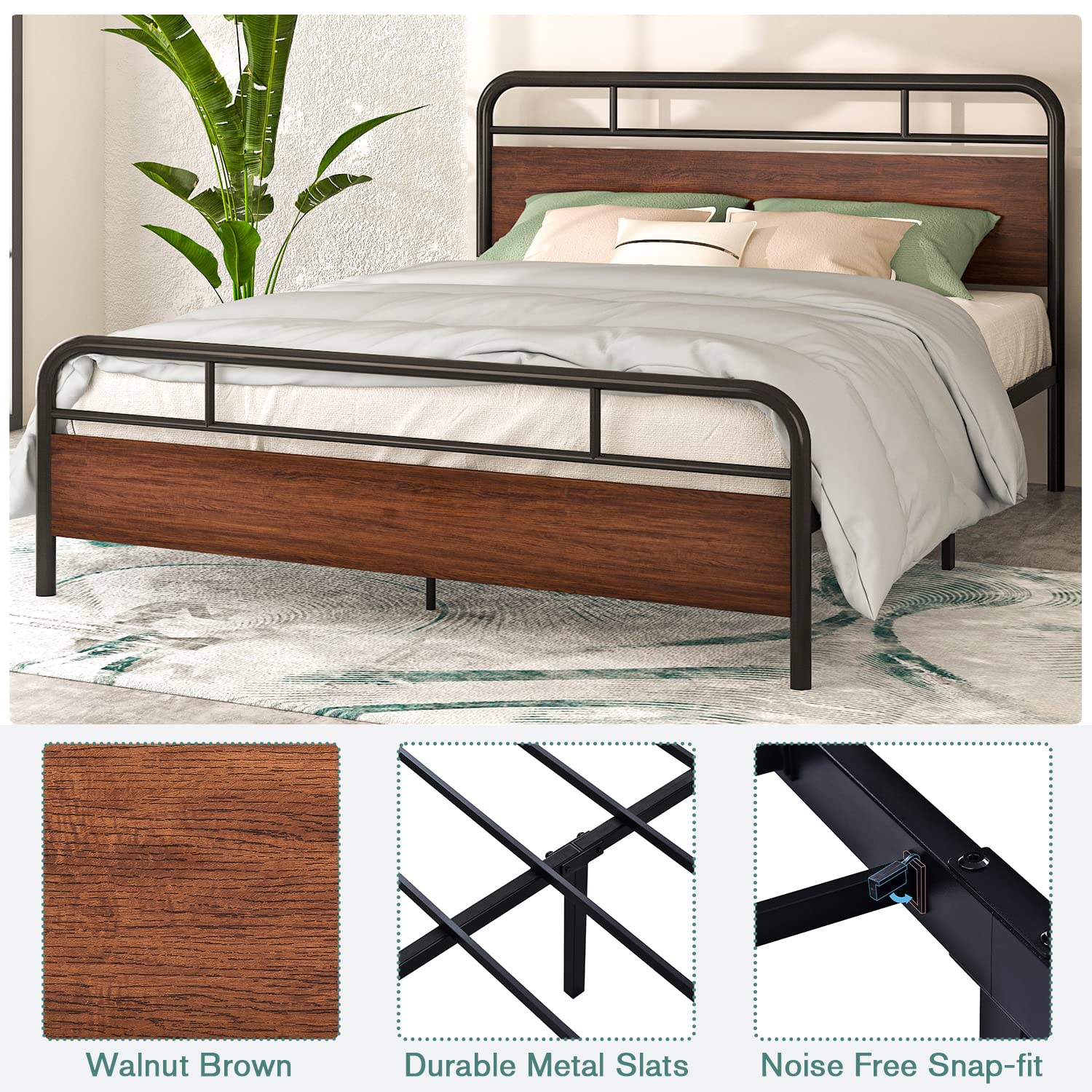 Industrial Style Queen Bed Frame with Wood Headboard - 12