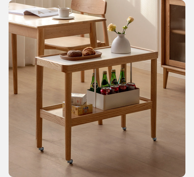 Solid Oak Wood Japanese Style Glass Rattan Rocking Side Table - Portable End Table for Living Room, Bedroom, or Outdoor Patio Decor