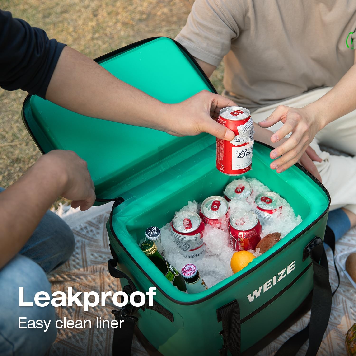 WEIZE 24 Can Soft Cooler - 15L Insulated Leak Proof Floating Ice Chest with Heavy Duty Zipper, Portable Durable Lunch Bag for Camping, Beach, Picnics & Outdoor Adventures (Green)