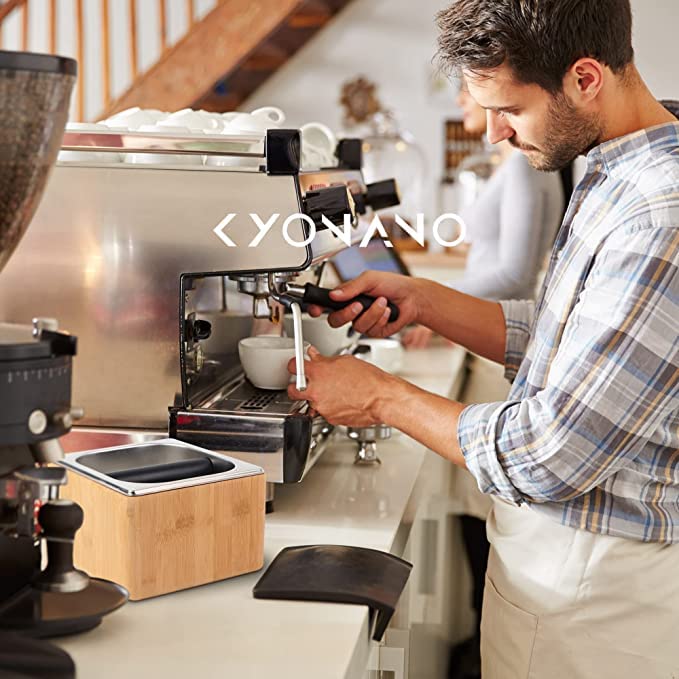 KYONANO Espresso Knock Box - Durable Bamboo & Stainless Steel Coffee Grounds Container with Non-Slip Base - Perfect for Home Baristas & Coffee Shops - Essential Espresso Accessory for Latte, Cappuccino & Americano Brewing