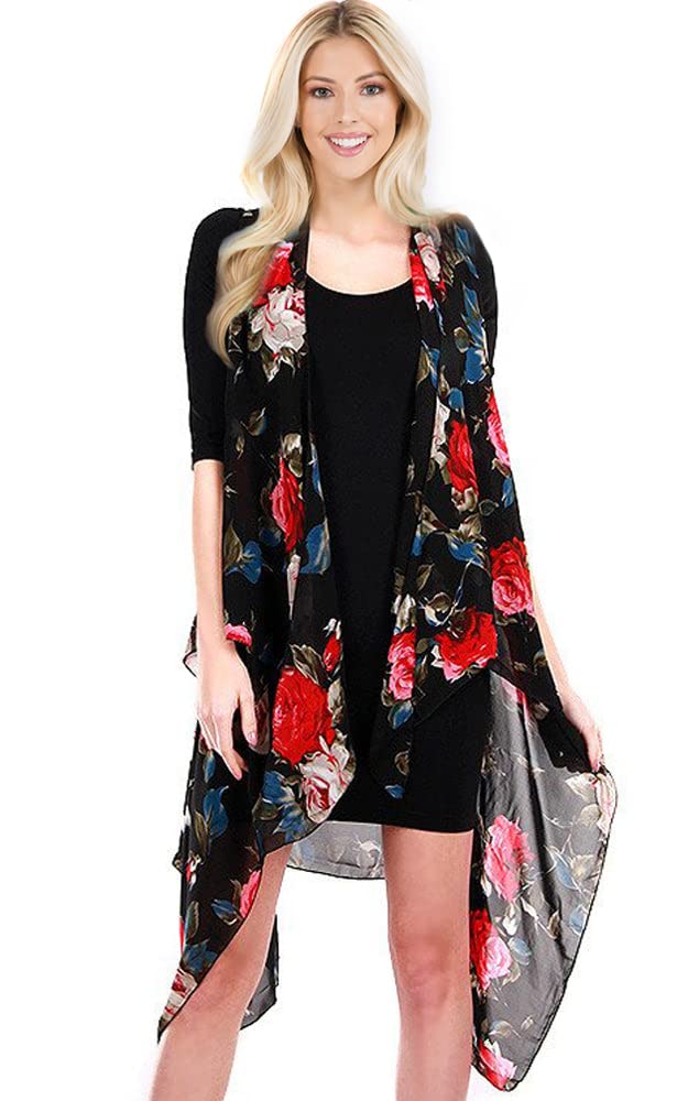 CCFW Floral Printed Open Front Drape Cardigan Scarf Vest - Lightweight Cover Up for Women, Boho Chic Loungewear, Perfect for Spring/Summer Outfits, Beach Cover-Up, Office Wear & Casual Styling