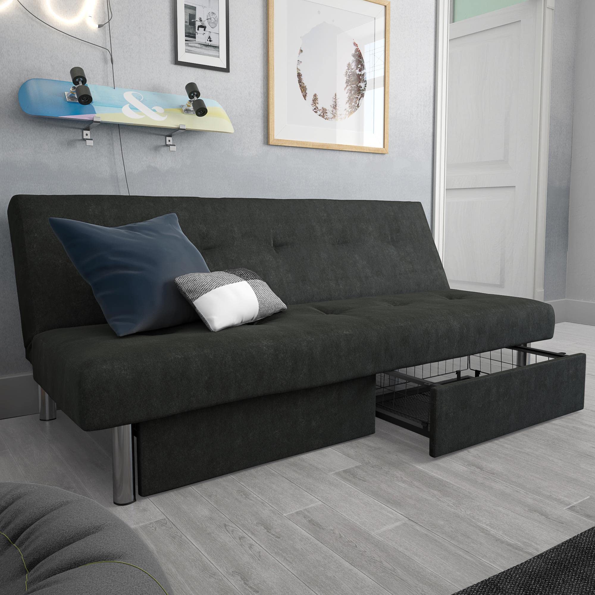 DHP Sola Storage Futon Sofa Bed - Convertible Sleeper with Under Seat Storage, Gray - Perfect for Small Apartments, Guest Rooms & Dorm Rooms