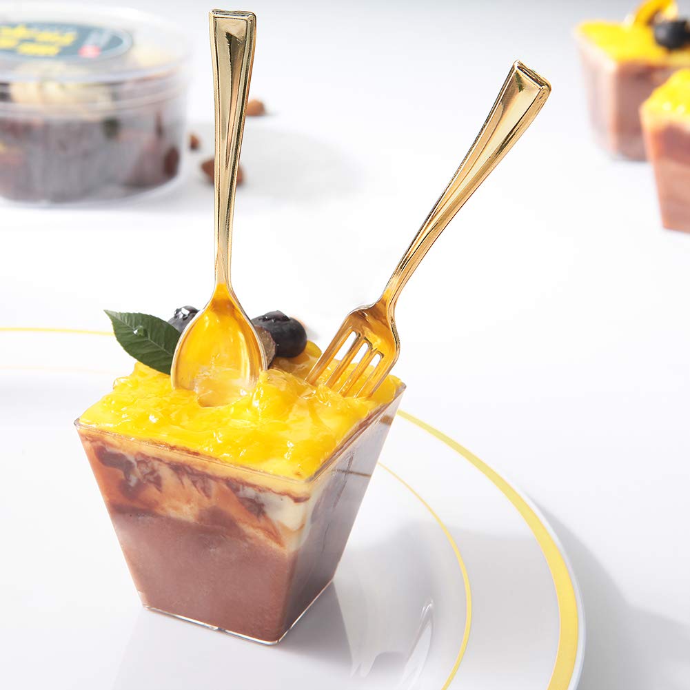 WDF Disposable Plastic Mini Forks 300-Pack (4 Inches) - Gold Heavy Duty Tasting Forks for Appetizers, Desserts, Parties, Picnics & Catering Events