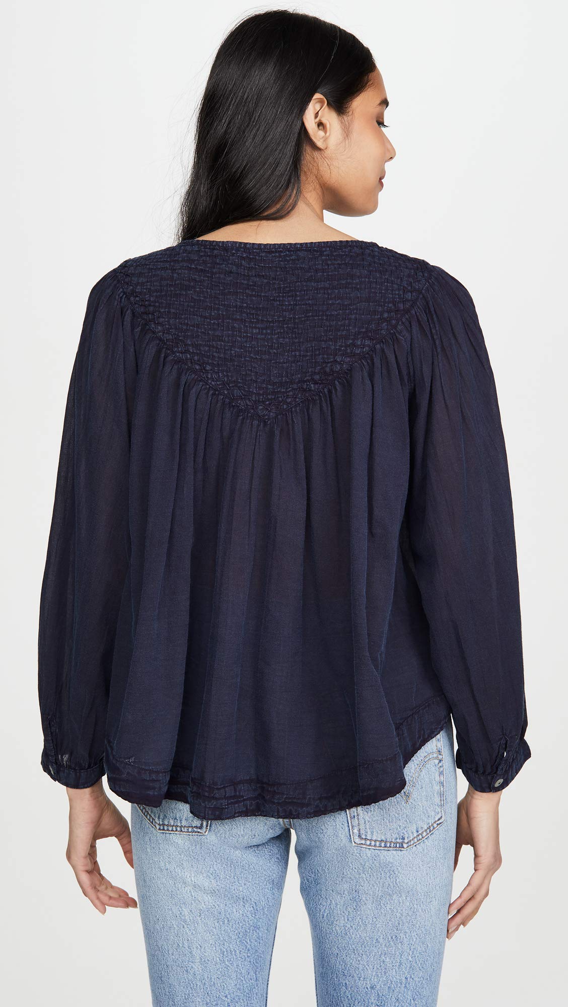 Free People Women's Cool Meadow Button Down Shirt - Navy Blue Long Sleeve Casual Blouse for Work, Date Night & Everyday Wear | Size L