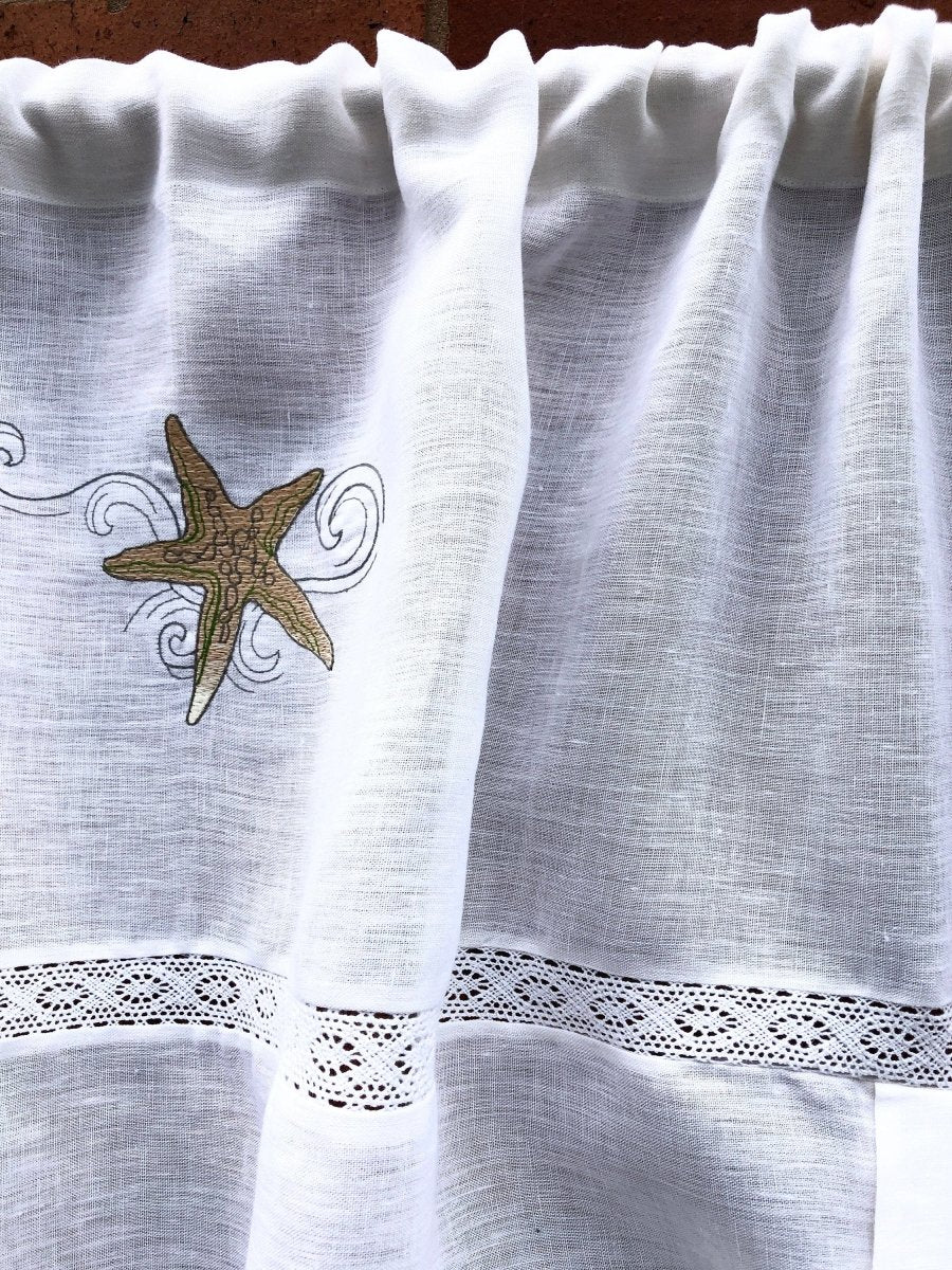 Bewsey White Tie-Up Window Curtain with Starfish Machine Embroidery - Elegant Bathroom & Bedroom Curtains for Coastal Home Decor