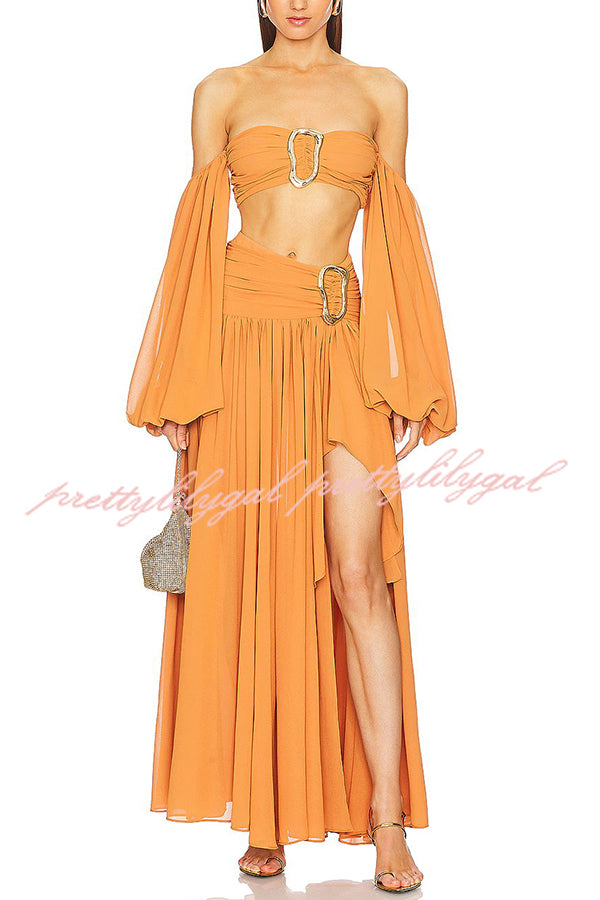 Vacation Chic Off Shoulder Balloon Sleeve Back Smocked Crop Top - Stylish Summer Beachwear for Women, Perfect for Pool Parties, Vacations & Date Nights