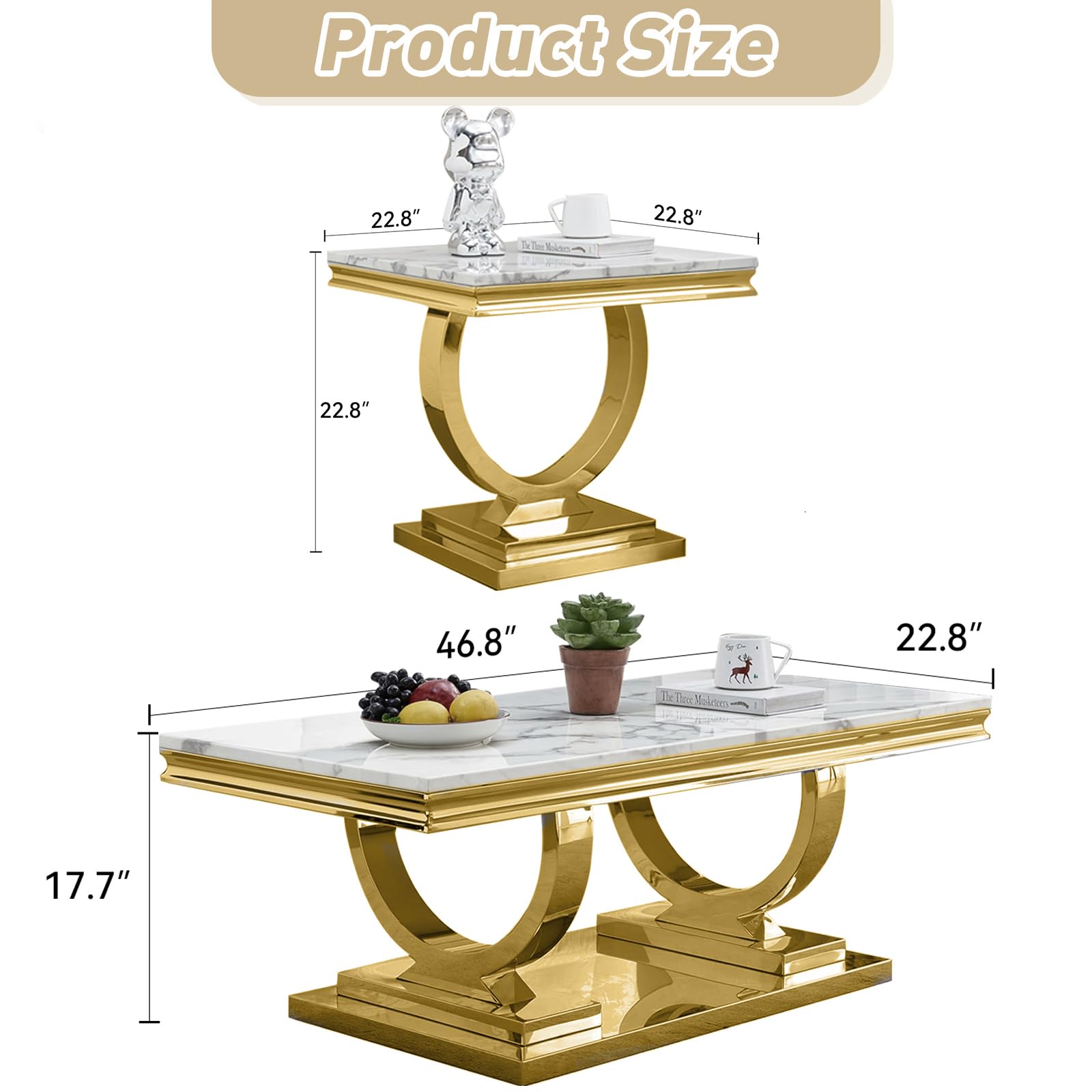 3-Piece Faux Marble Coffee Table Set with Wood Tabletop & Stainless Steel Frame - Modern Living Room Furniture for Apartment, Home Office (Gold) | Perfect for Small Spaces, Entertaining Guests & Stylish Home Decor