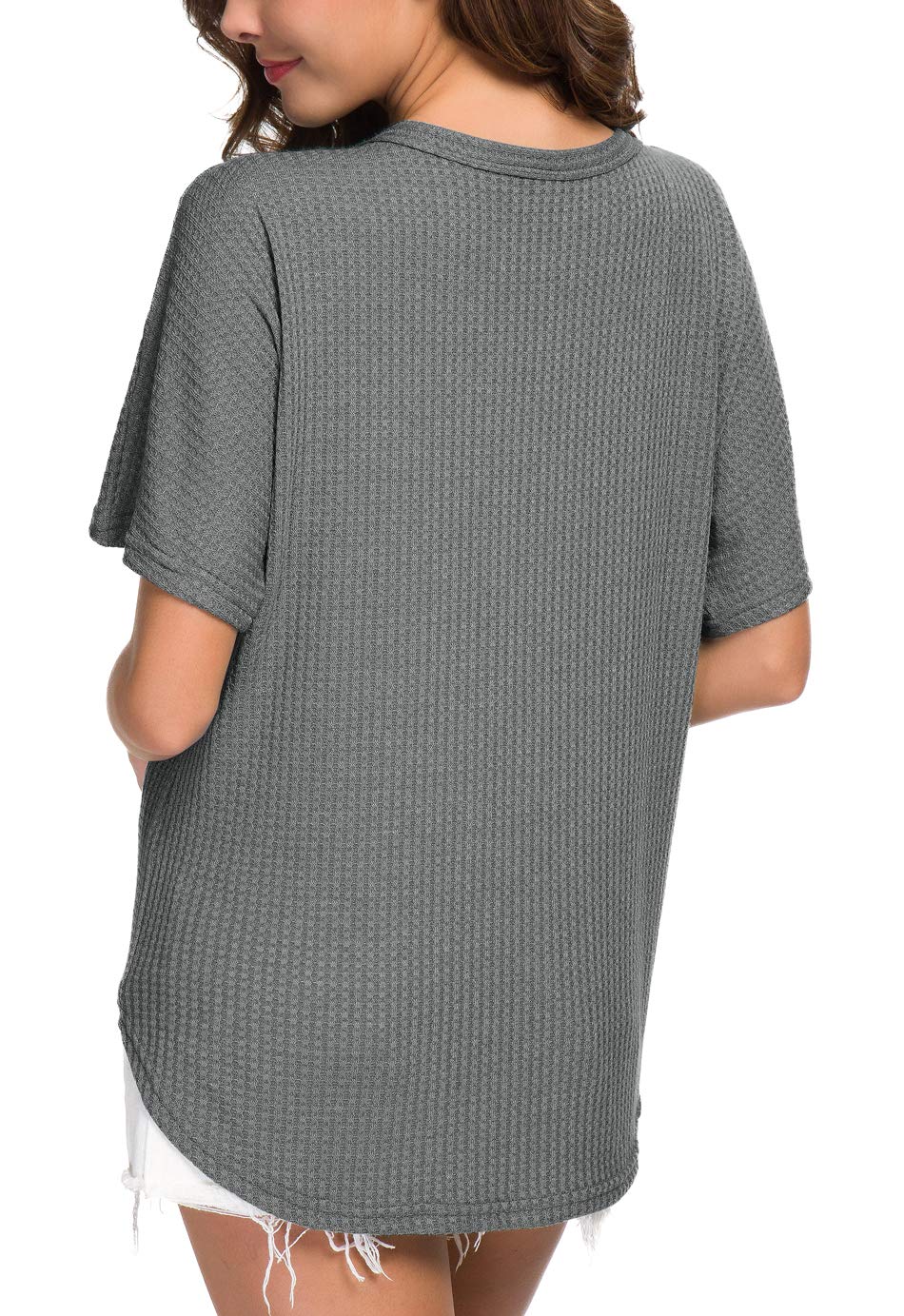 IWOLLENCE Women's Waffle Knit Tunic Blouse - Tie Knot Short Sleeve Henley Top, Loose Fit Batwing Shirt for Casual Wear, Office & Date Night Outfits