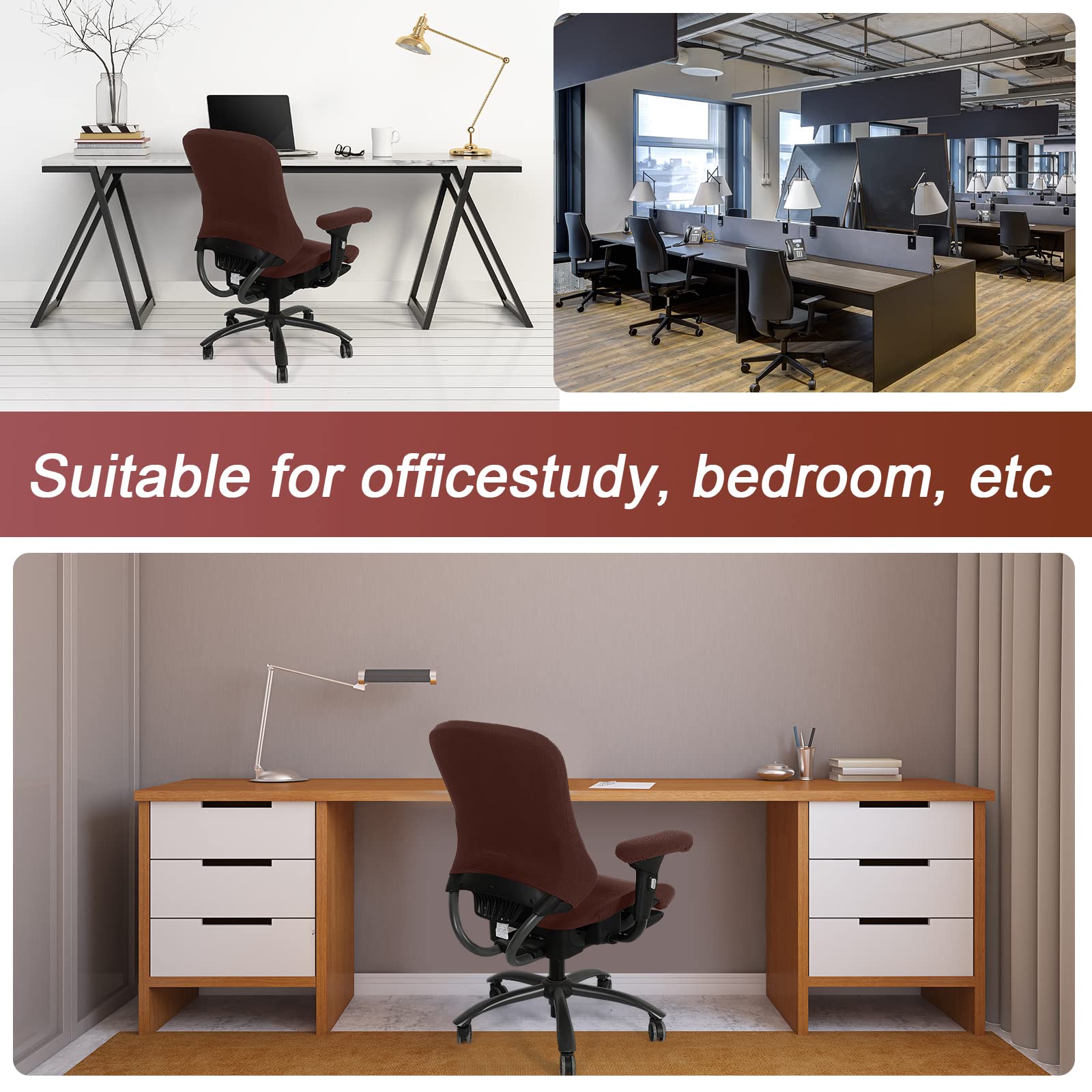 Tallew 4-Piece Office Chair Cover Set - Universal Stretchable Computer Chair Covers with Seat, Armrest & Backrest Pads - Dark Brown Polyester Slipcovers for Home & Office Workspace (Ergonomic Support & Protection)
