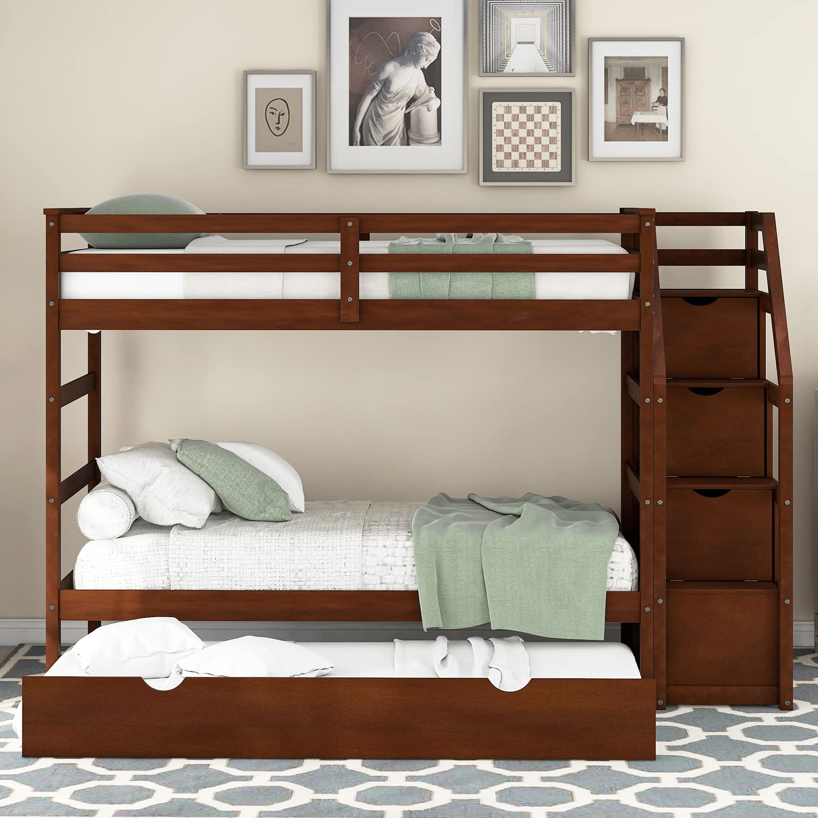 Premium Twin Over Twin Bunk Bed Frame with Trundle & Storage Stairs - Solid Wood Construction, Slat Support & Safety Guard Rail - No Box Spring Needed - Easy Assembly - Walnut Finish - Perfect for Kids' Bedrooms, Guest Rooms & Space-Saving Solutions
