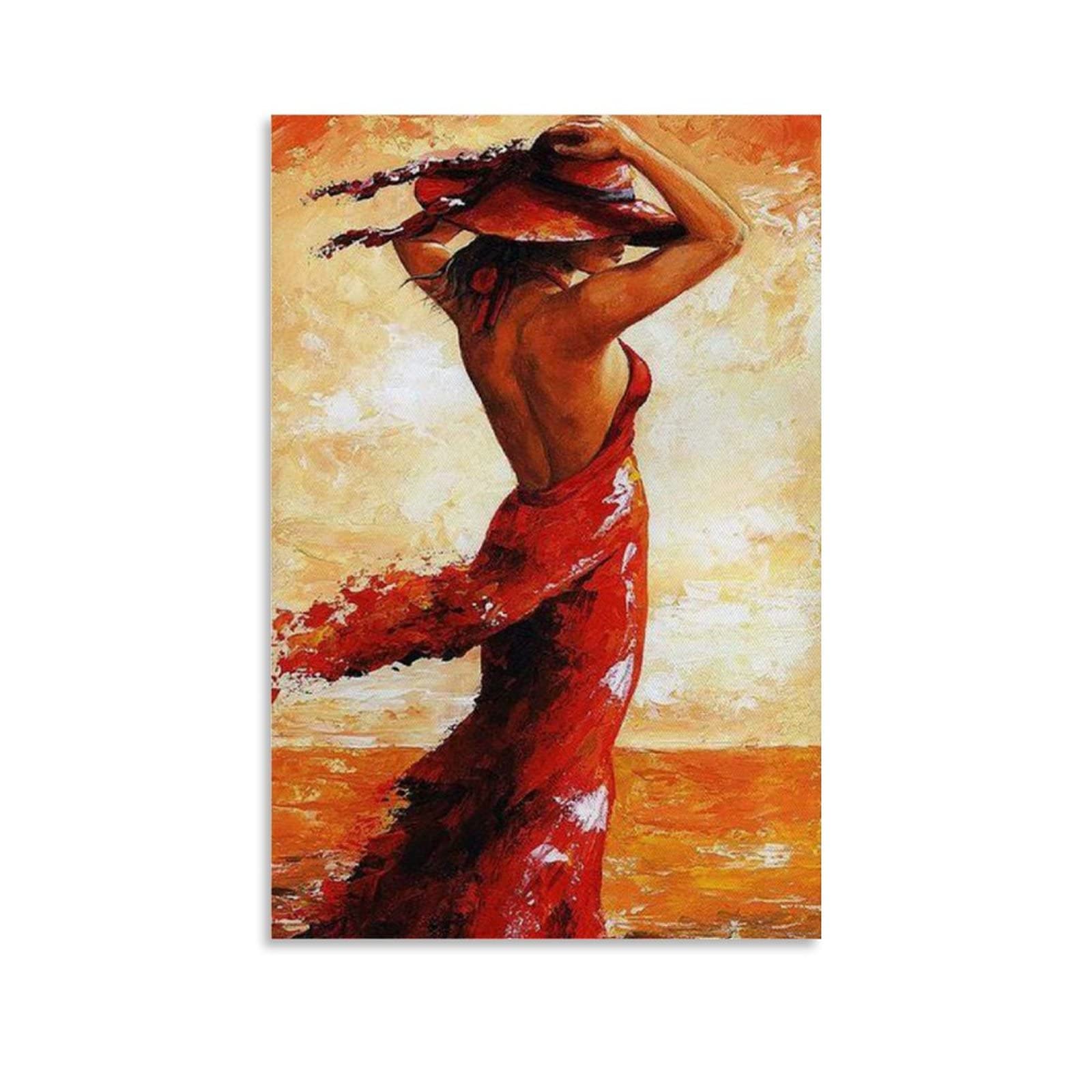 Vintage Red Dress Girl Oil Painting - Classic Art Poster for Living Room & Bedroom Decor - Canvas Wall Art Print (20x30cm/8x12inch) - Perfect for Home, Office, and Gift Giving