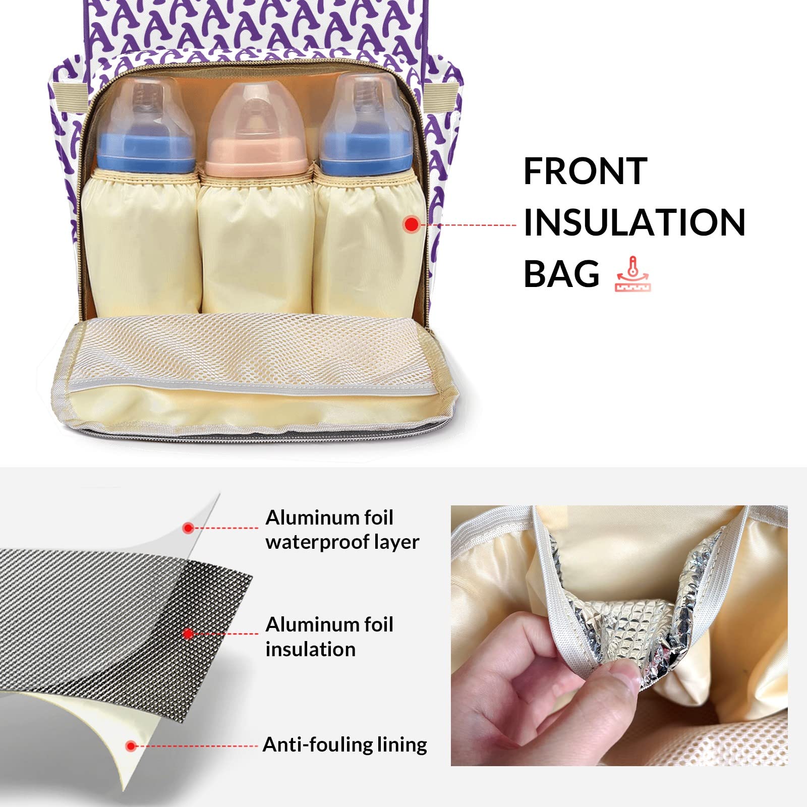 Stylish Purple Alphabet Print Diaper Backpack - Personalized Name Tote for Moms & Dads - Waterproof Nursing Baby Bag with Multiple Pockets - Perfect Baby Shower Gift & Travel Essential for Parents