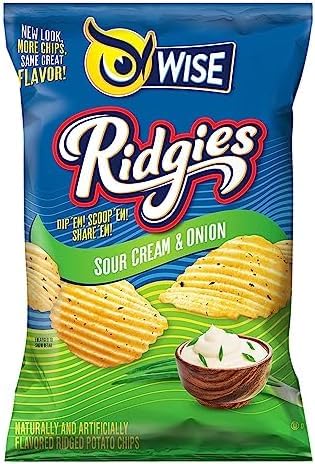 Wise Foods Ridgies Sour Cream & Onion Ridged Potato Chips - 3 Pack Family Size Bags | Crunchy Snack for Parties, Picnics & Movie Nights | Bulk Potato Crisps for Sharing