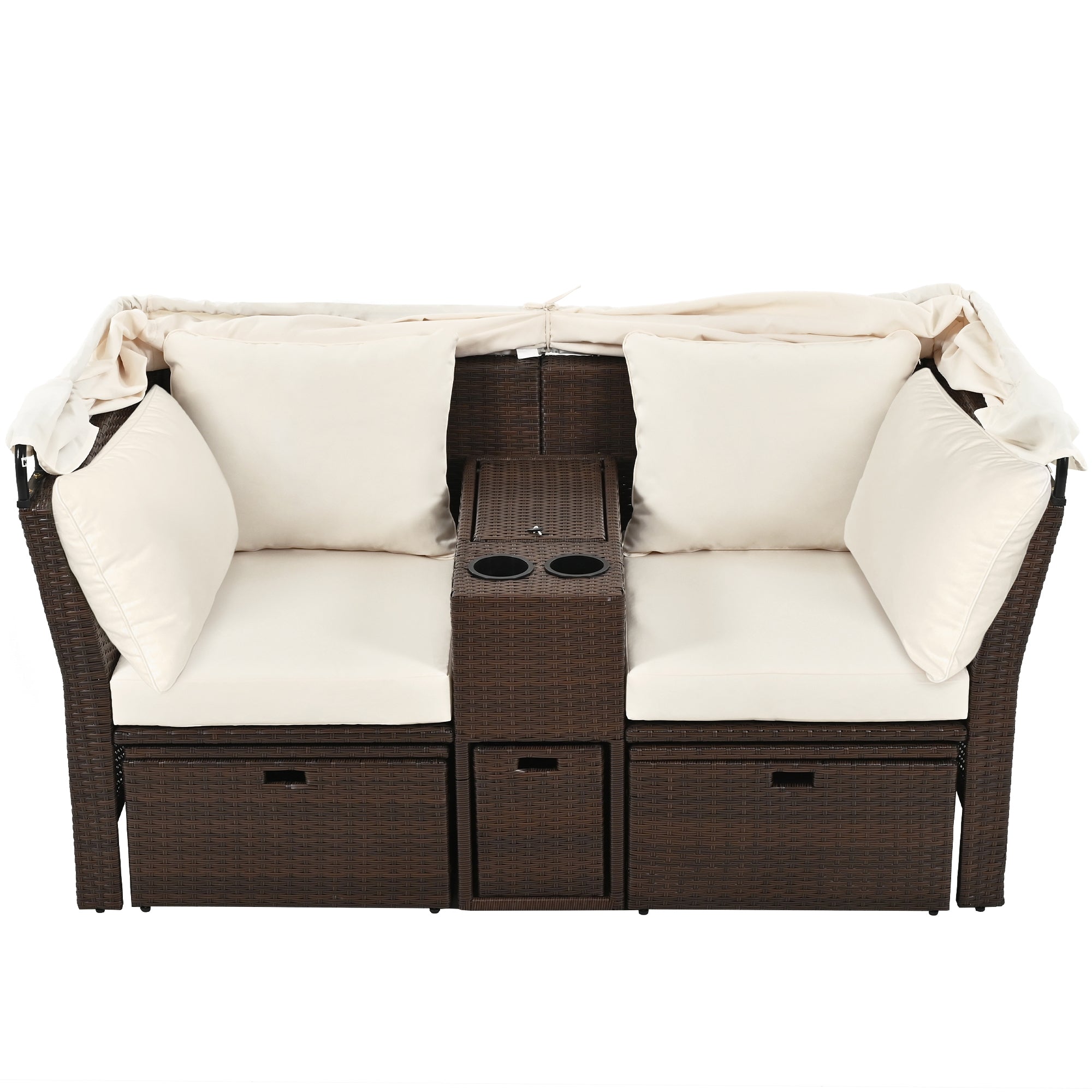 2 Seater Outdoor Patio Daybed with Foldable Awning & Cushions - Double Loveseat Sofa Set for Garden, Balcony, Poolside - Perfect for Relaxing, Sunbathing & Outdoor Lounging (Beige)