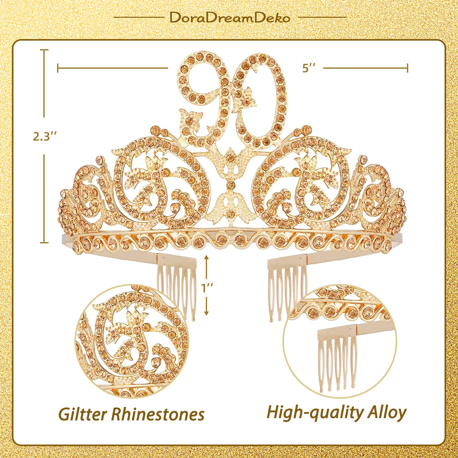 90th Birthday Decorations Set for Women - Gold Crown, Tiara & Sash - Perfect 90th Birthday Gifts & Party Supplies - Ideal for Milestone Celebrations, Retirement Parties & Grandmother's Special Day