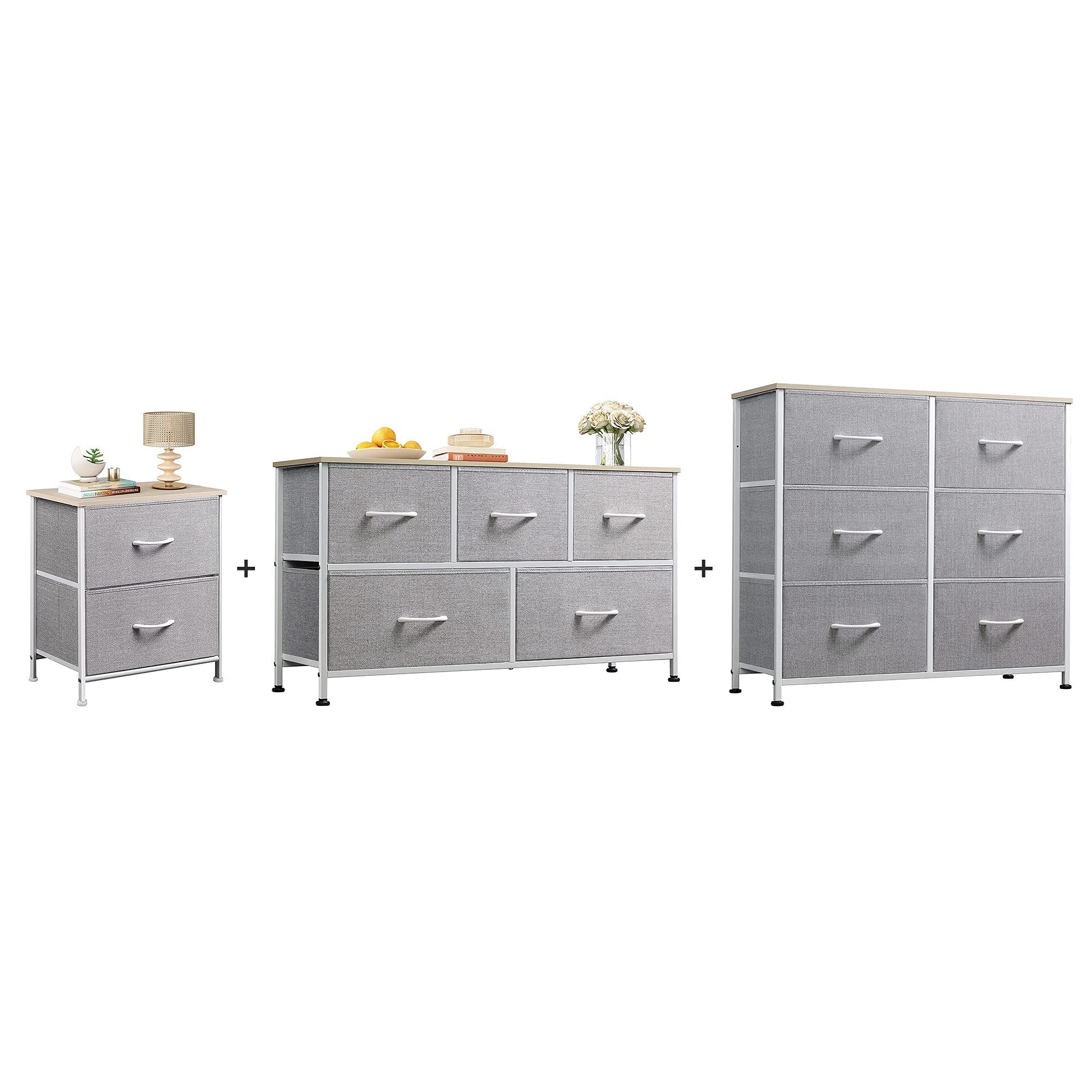 WLIVE 2-Drawer Nightstand & 5/6-Drawer Dresser Set - Fabric Storage Tower with Textured Bins | Bedroom, Nursery, Closet Organizer | Steel Frame Storage Solution for Small Spaces & Apartment Living