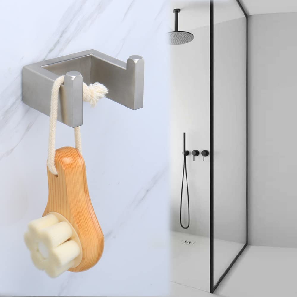 TocTen 2 Pack Stainless Steel Bath Towel Hooks - Heavy Duty 304 SUS Wall Mounted Robe Hooks for Bathroom, Kitchen & Office - Square Design Coat Hangers (2.2 Inch, Brushed Nickel) - Perfect for Hanging Towels, Robes, Coats & Bags in Home & Commercial Spaces