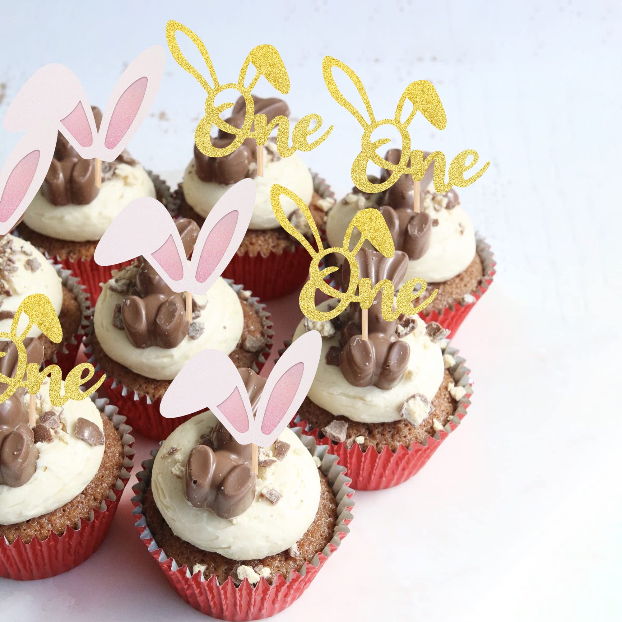 24 PCS Gold Glitter Easter Bunny Ear Cupcake Toppers - Happy Easter Theme Cake Decorations for Baby Shower, Kids 1st Birthday Party & Spring Celebrations - Perfect for Cupcakes, Cakes and Dessert Table Displays