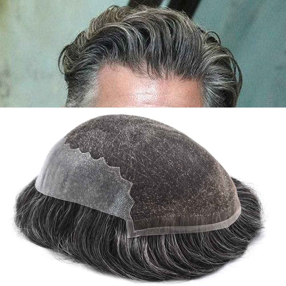 100% European Real Human Hair Toupee for Men - Swiss Lace Front Hair System with Bleached Knots | Dark Brown + 50% Gray | 8x10 Inch | 100% Density | Hair Replacement Solution for Thinning Hair & Baldness | Perfect for Daily Wear, Special Occasions & Professional Settings