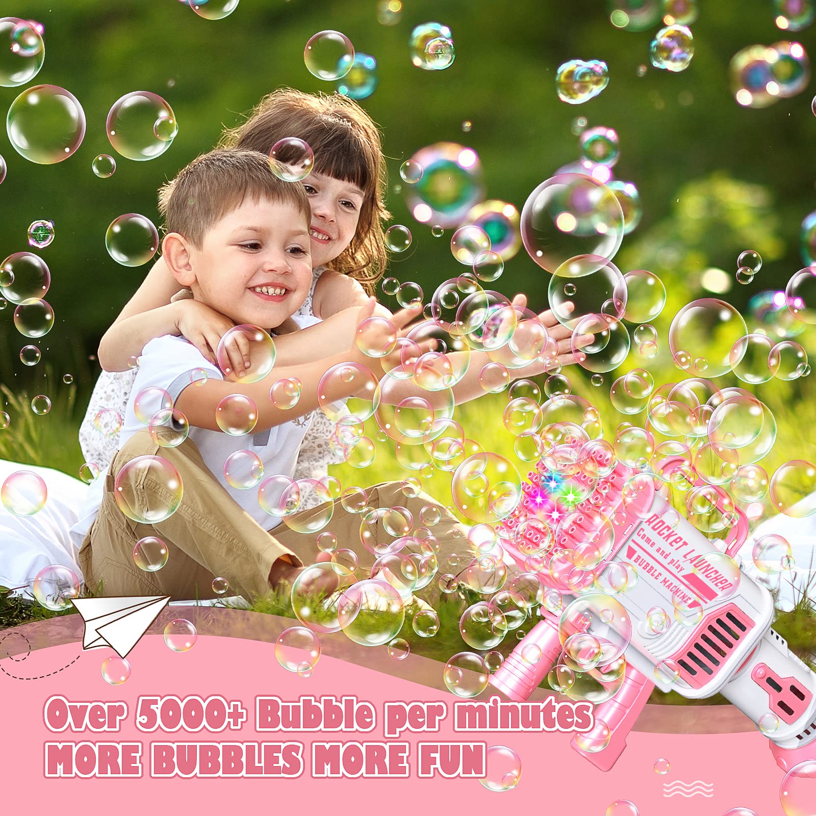 Rocket Boom Bubble Maker with 64 Holes - 5000+ Bubbles per Minute - Pink Bubble Blower for Kids & Adults - Perfect for Outdoor Play, Birthday Parties, and Summer Fun