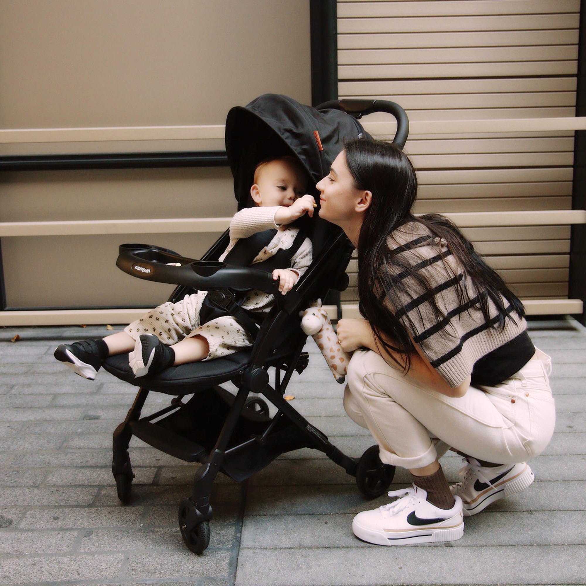 Mompush Lithe V2 Ultra Lightweight Compact Travel Stroller with Snack Tray, One-Hand Fold & Airplane Approved - Includes Cup Holder, Rain Cover & Travel Bag - Perfect for Air Travel, Shopping & Daily Outings