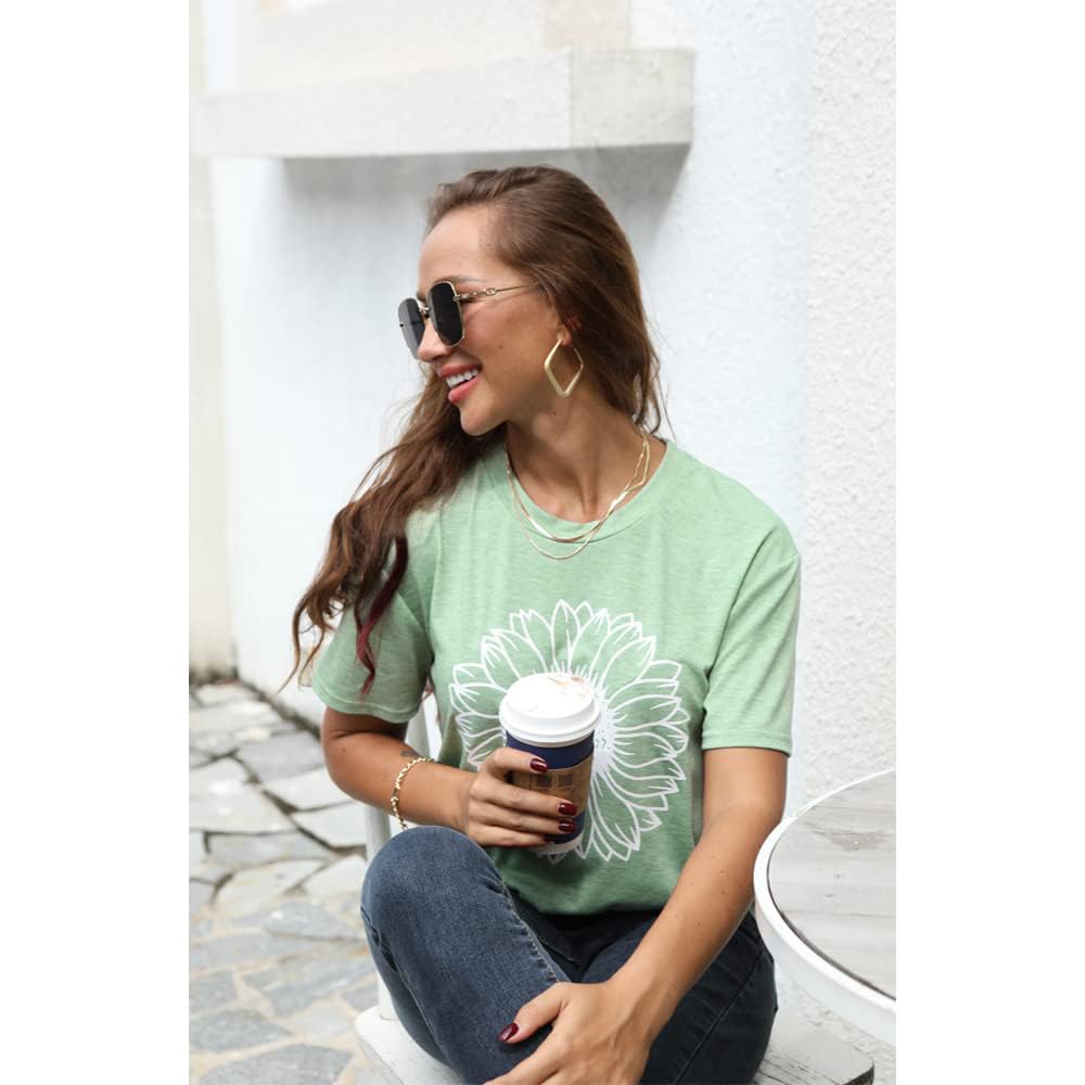 Women's Summer Sunflower Graphic T-Shirt - Cute Floral Loose Fit Crew Neck Short Sleeve Casual Top for Beach, Vacation & Everyday Wear