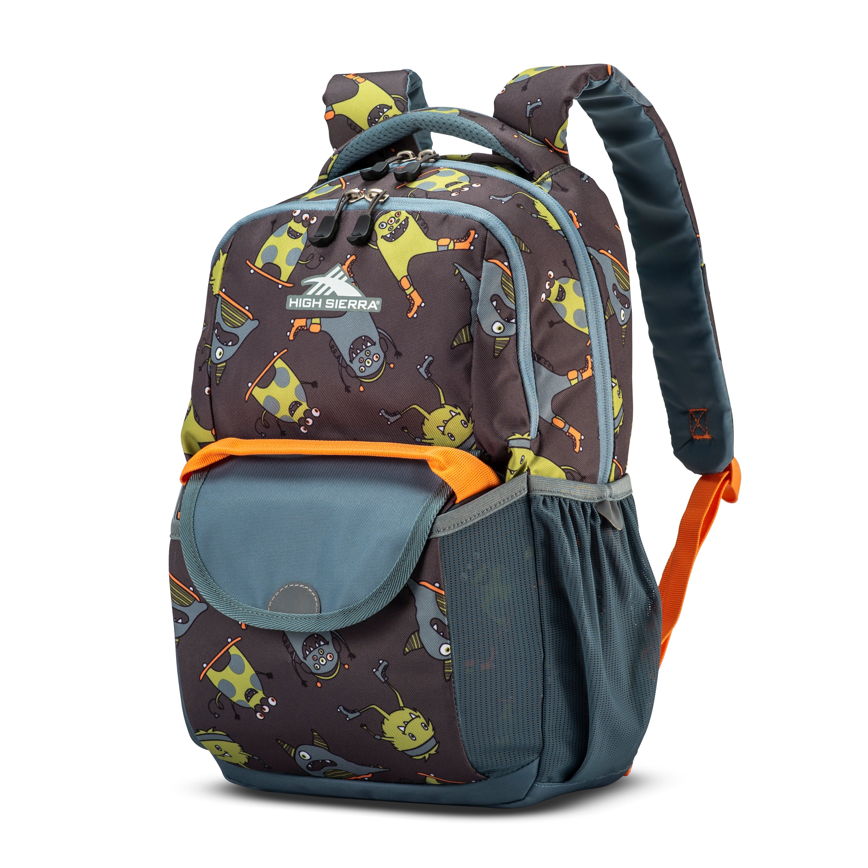 High Sierra Ollie Lunchkit Backpack - Monsters On Wheels Design, Durable Grey School Backpack for Kids & Teens - Perfect for School, Travel, and Outdoor Adventures