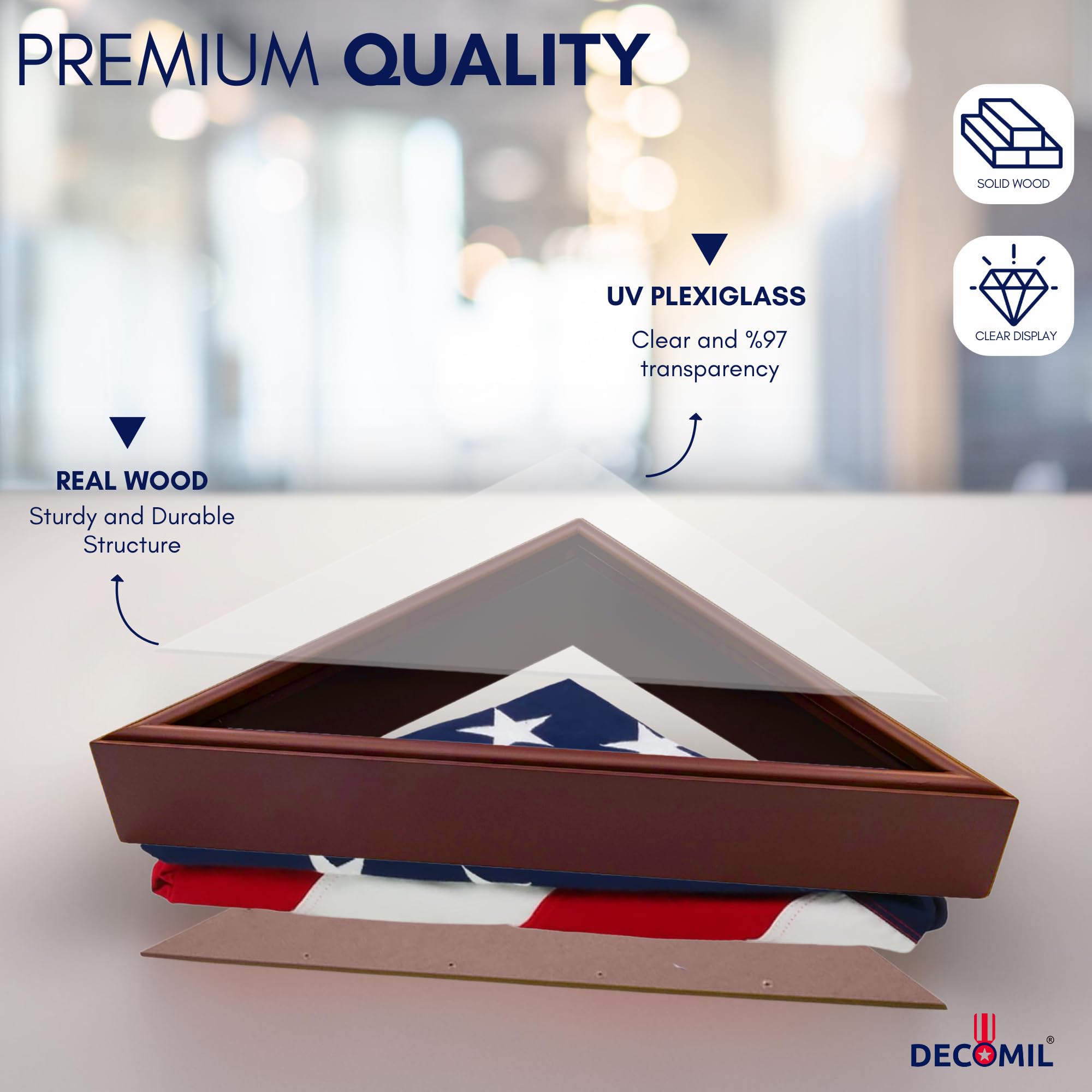 DECOMIL 5x9 American Veteran Burial Flag Display Case - Clear Glass Front, Solid Wood, Cherry Finish, Wall Mounted Shadow Box for Folded Flags - Perfect for Memorial Walls, Military Tribute Displays & Home Decor