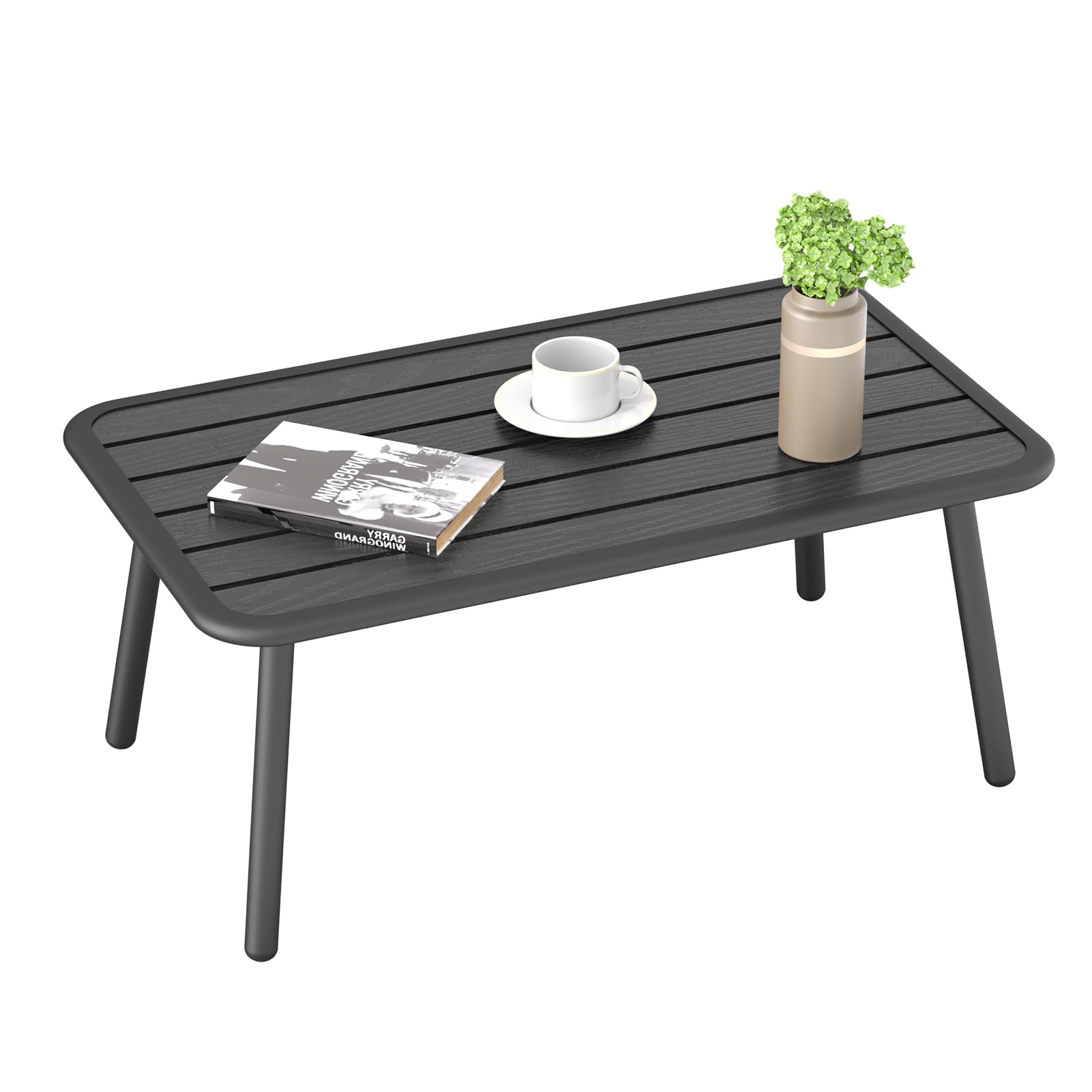 C-Hopetree Small Rectangle Metal Outdoor Side Coffee Table for Patio, Garden, or Poolside - Black Slat Top - Perfect for Relaxing with Drinks & Snacks Outdoors