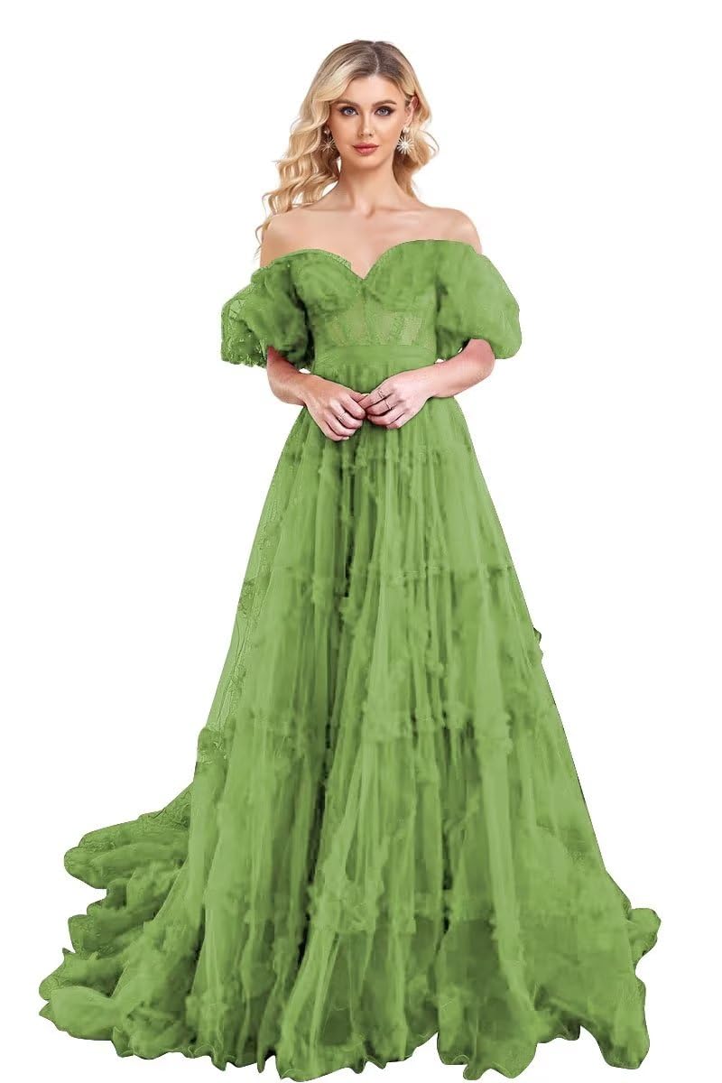 Elegant Off-The-Shoulder A-Line Prom Dress with Long Ruffles & Tulle Ball Gown - Princess Puffy Sleeve Quinceanera Dress for Homecoming, Wedding, Ball, and Formal Events
