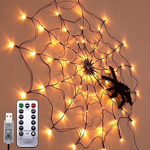 70 LED Halloween Black Spider Web Light with Waterproof Orange Net & 30CM Black Spider - Indoor/Outdoor Scary Decor for House, Yard, Garden (Perfect for Halloween Parties & Haunted House Themes)