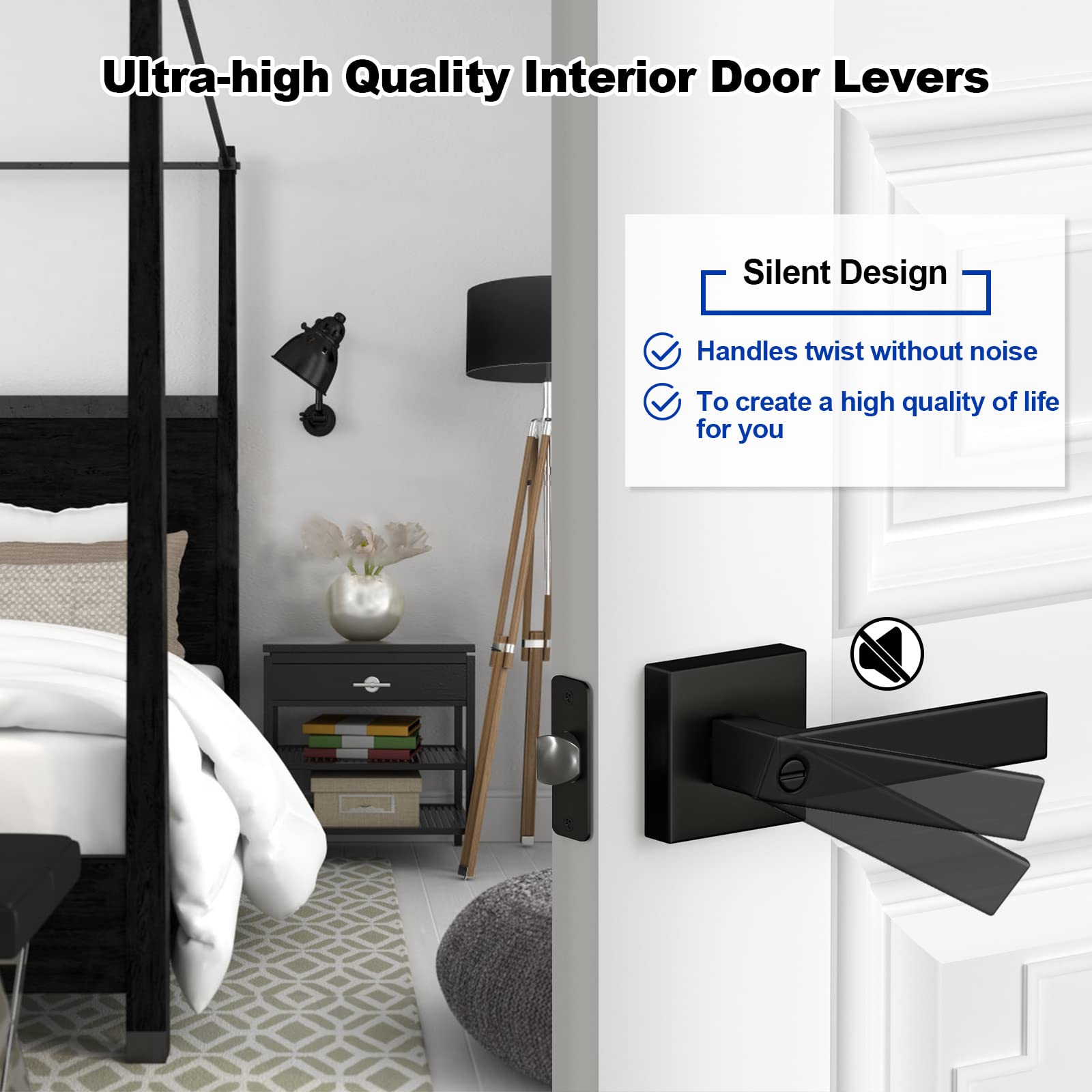 6 Pack Matte Black Door Handles - Keyless Square Privacy Levers for Bedroom & Bathroom - Heavy Duty Reversible Design