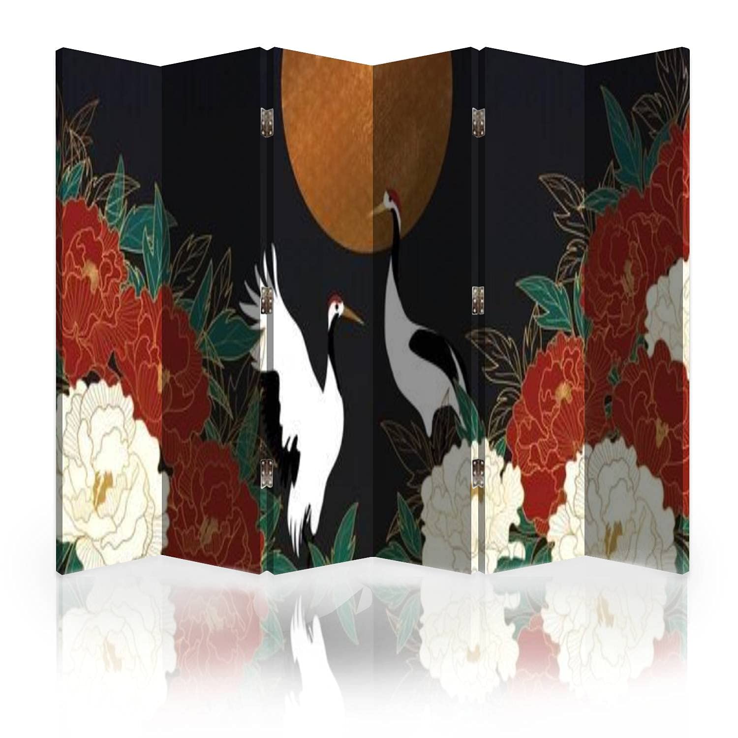 Luxury Gold Floral Oriental Style Room Divider Screen - 6 Panel Folding Privacy Partition with Canvas Background & Flower Wallpaper Design | Perfect for Living Room, Bedroom, Office & Event Space Dividers