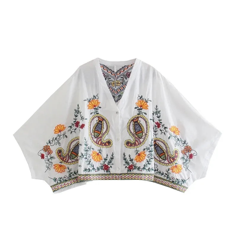 Vintage Batwing Sleeve Women's Autumn Outfit Set - Floral Embroidery Paisley Print V-Neck Button Down Tiered Mini Skirt Dress Suit for Fall Fashion, Date Nights & Boho Chic Style