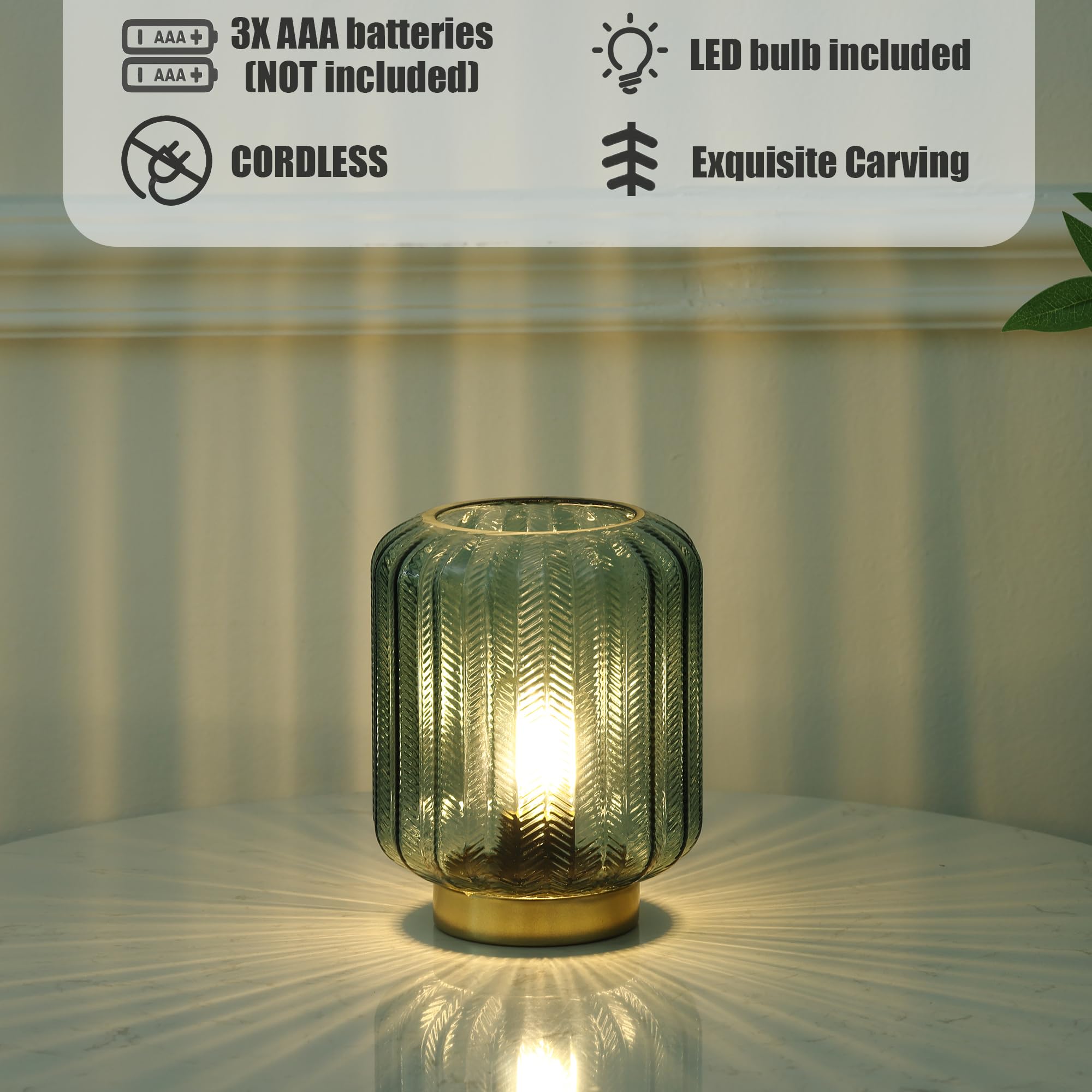 Battery Operated LED Table Lamp - Modern Cordless Bedside Lamp with Glass Shade & Timer, Portable Decorative Lighting for Living Room, Bedroom, Home Office, Camping & Emergency Use (Green)