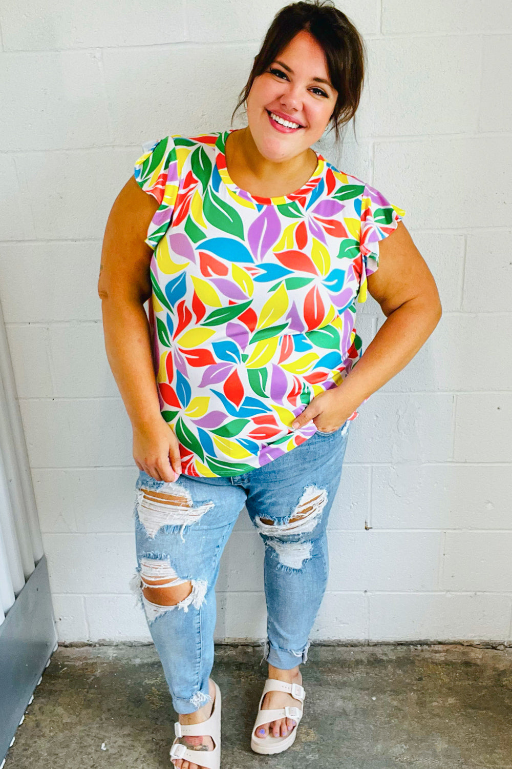 Playful Lavender & Yellow Floral Print Flutter Sleeve Blouse - Women's Boho Chic Summer Top for Date Night & Beach Vacations