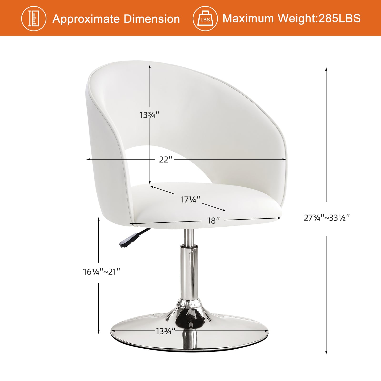 Furniliving Vanity Chair with Arms - Adjustable Height PU Leather Swivel Makeup Chair with Chrome Base for Bedroom, Dressing Room & Study | Ivory White Accent Chair for Home Decor & Beauty Stations