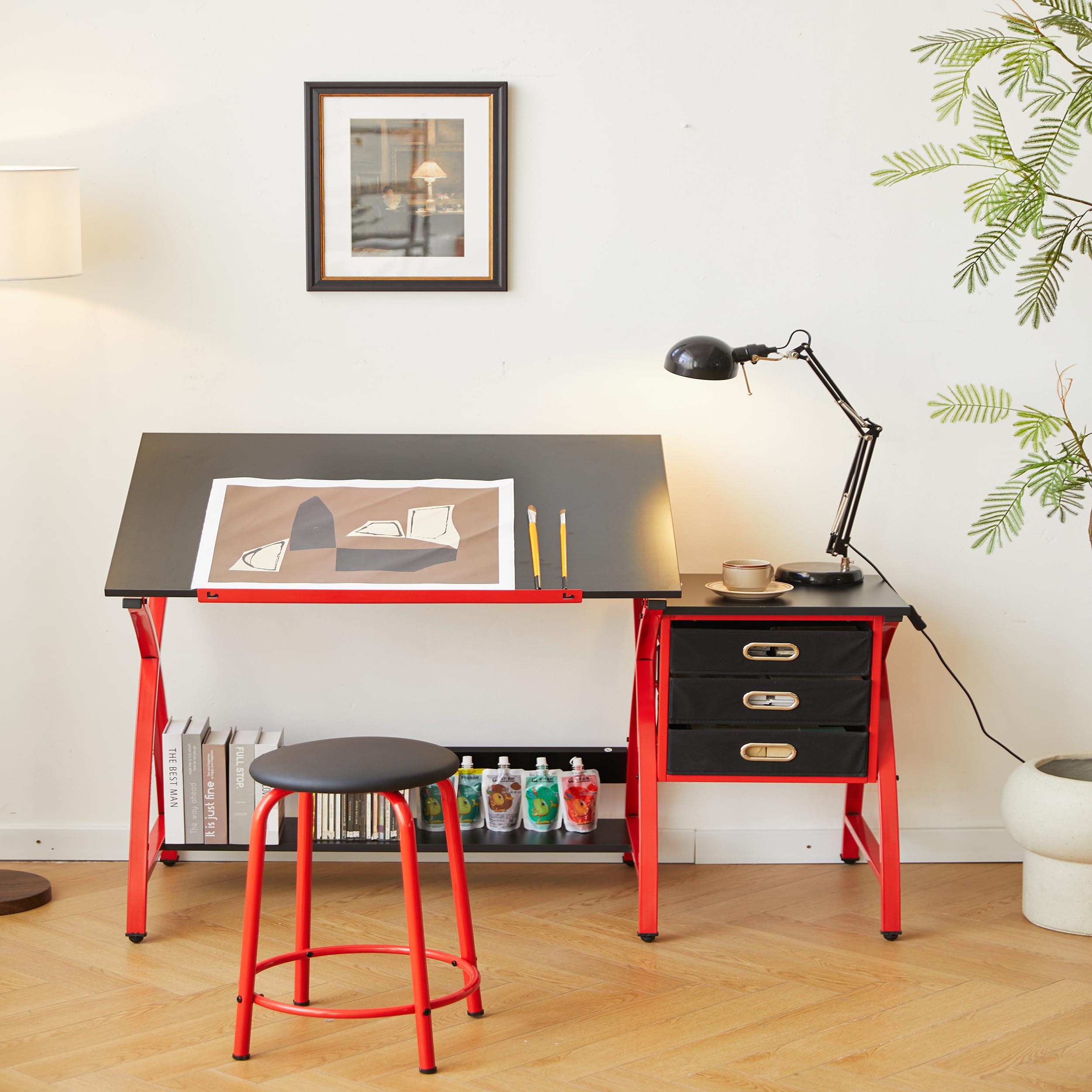 Adjustable Professional Art Drawing Table with Storage & Stool - 3 Drawers Craft Desk, Tiltable Top for Painting, Reading, Home & Office Use | Perfect for Artists, Students & DIY Projects