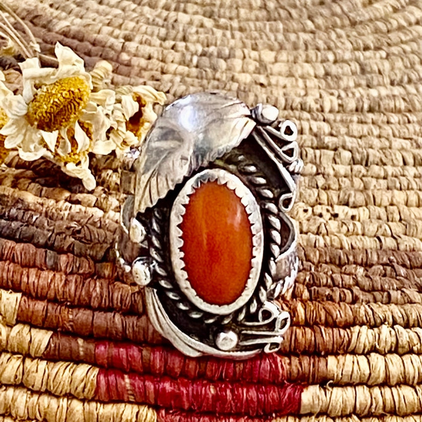 Authentic Navajo One Feather Red Coral Ring - Size 6.5 for Women | Handmade Native American Jewelry | Perfect for Boho Fashion, Weddings & Special Occasions