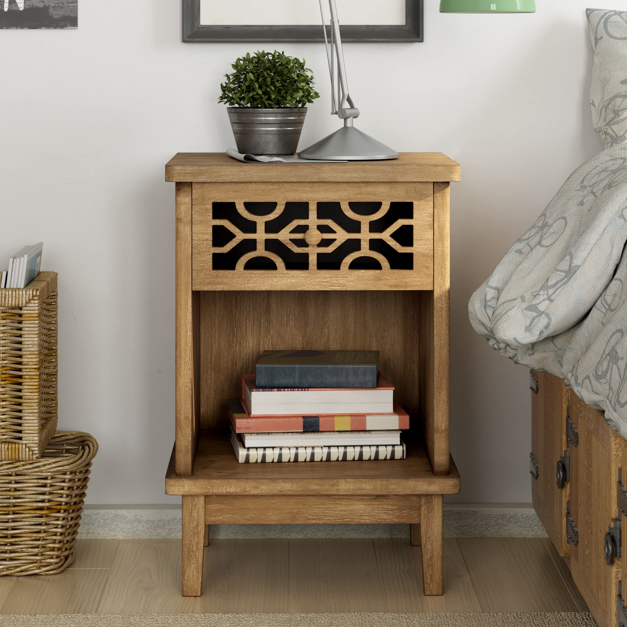 Rustic Nightstand Solid Wood End Table - Hand Carved Farmhouse Side Table with Open Shelf | Natural Wood Bedside Table for Bedroom, Living Room, Nursery & Home Decor