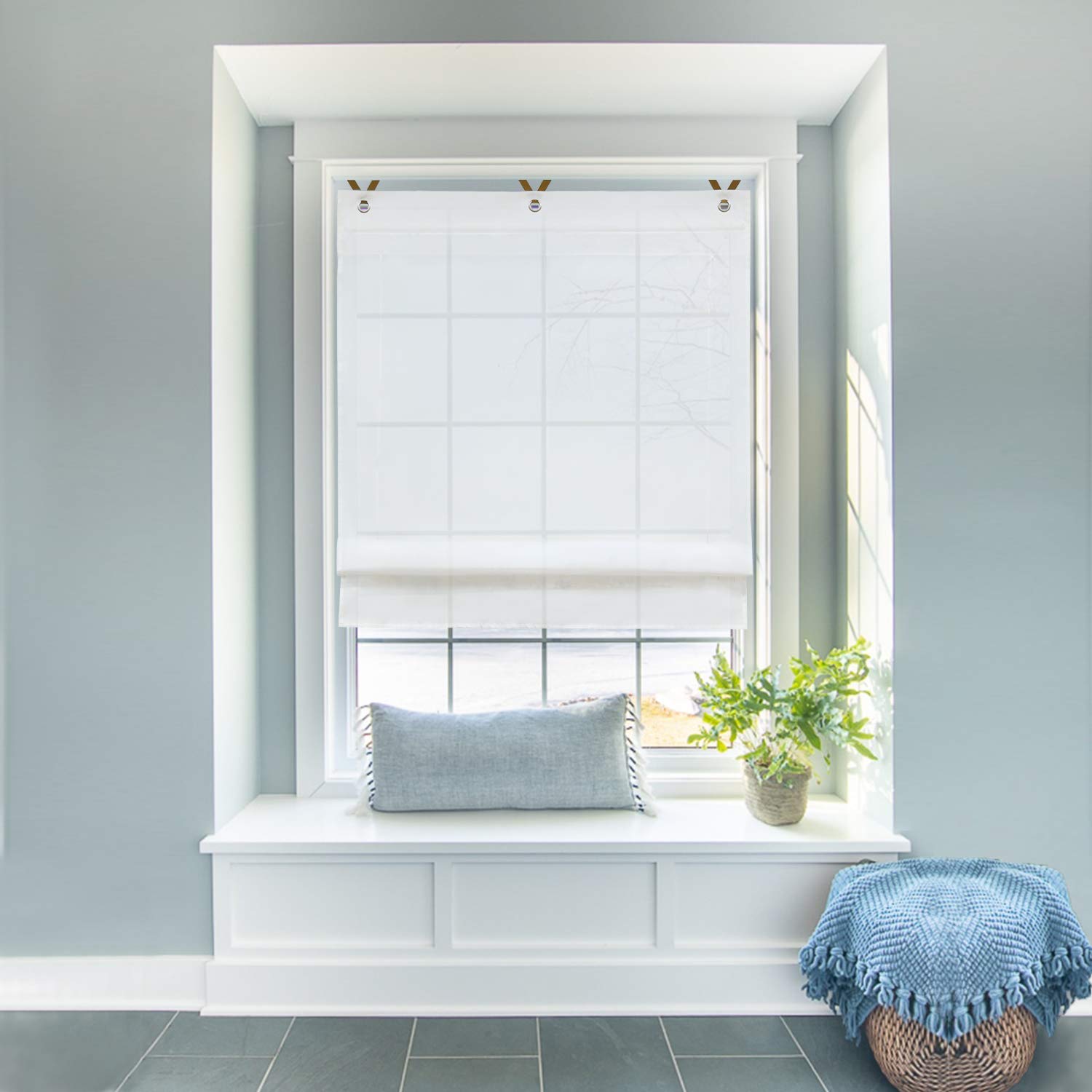 Voile Window Curtain V-Hook Roman Shades - Light Filtering White Sheer Drape (17x61 Inches) for Kitchen, Bedroom & Bathroom - Easy Liftable Design for Privacy & Sun Protection