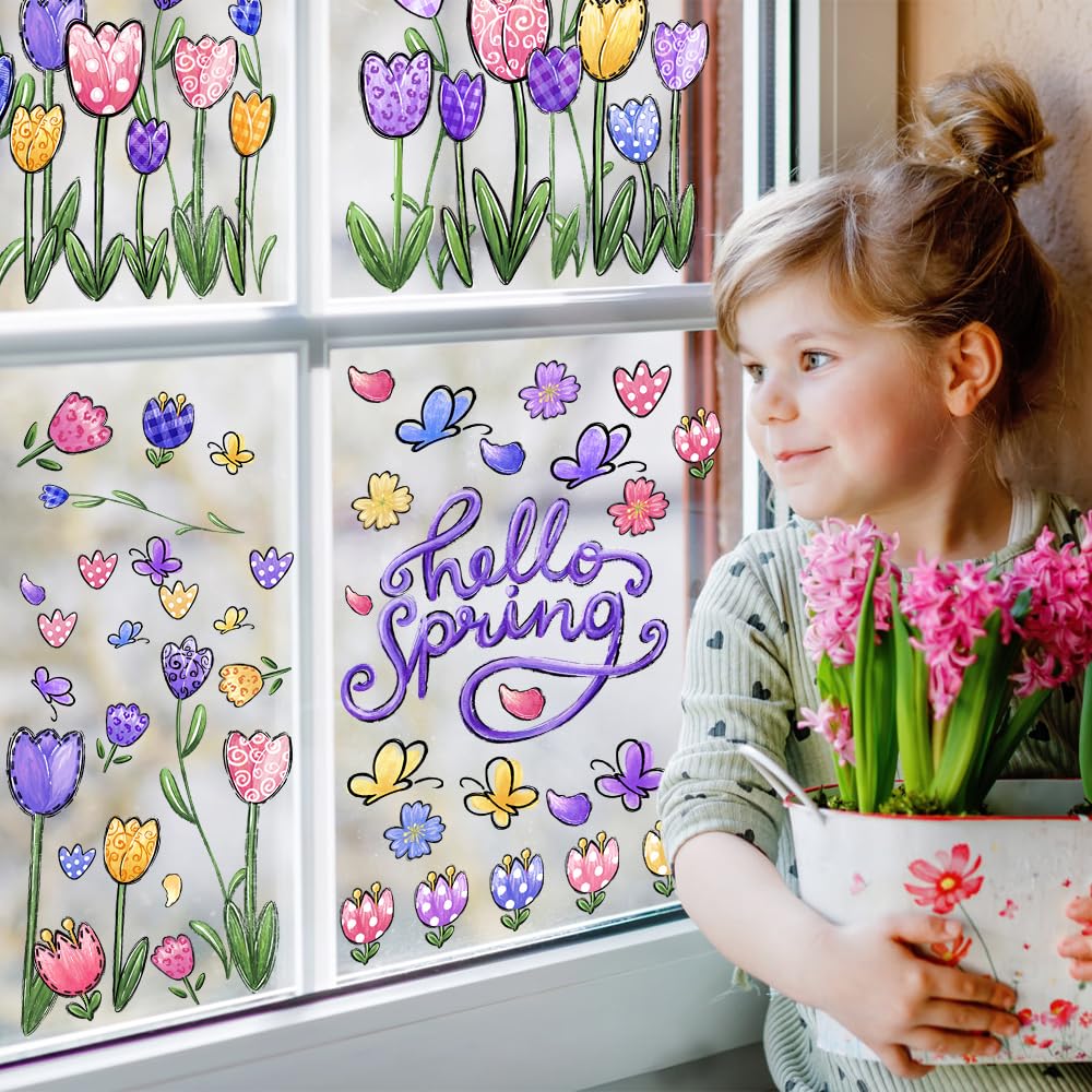 YUJUN 6-Pack Spring Summer Window Clings - Tulip & Butterfly Flower Oil Painting Decals for Glass Home Decor | Perfect for Seasonal Window Stickers, Living Room & Kitchen Decorations