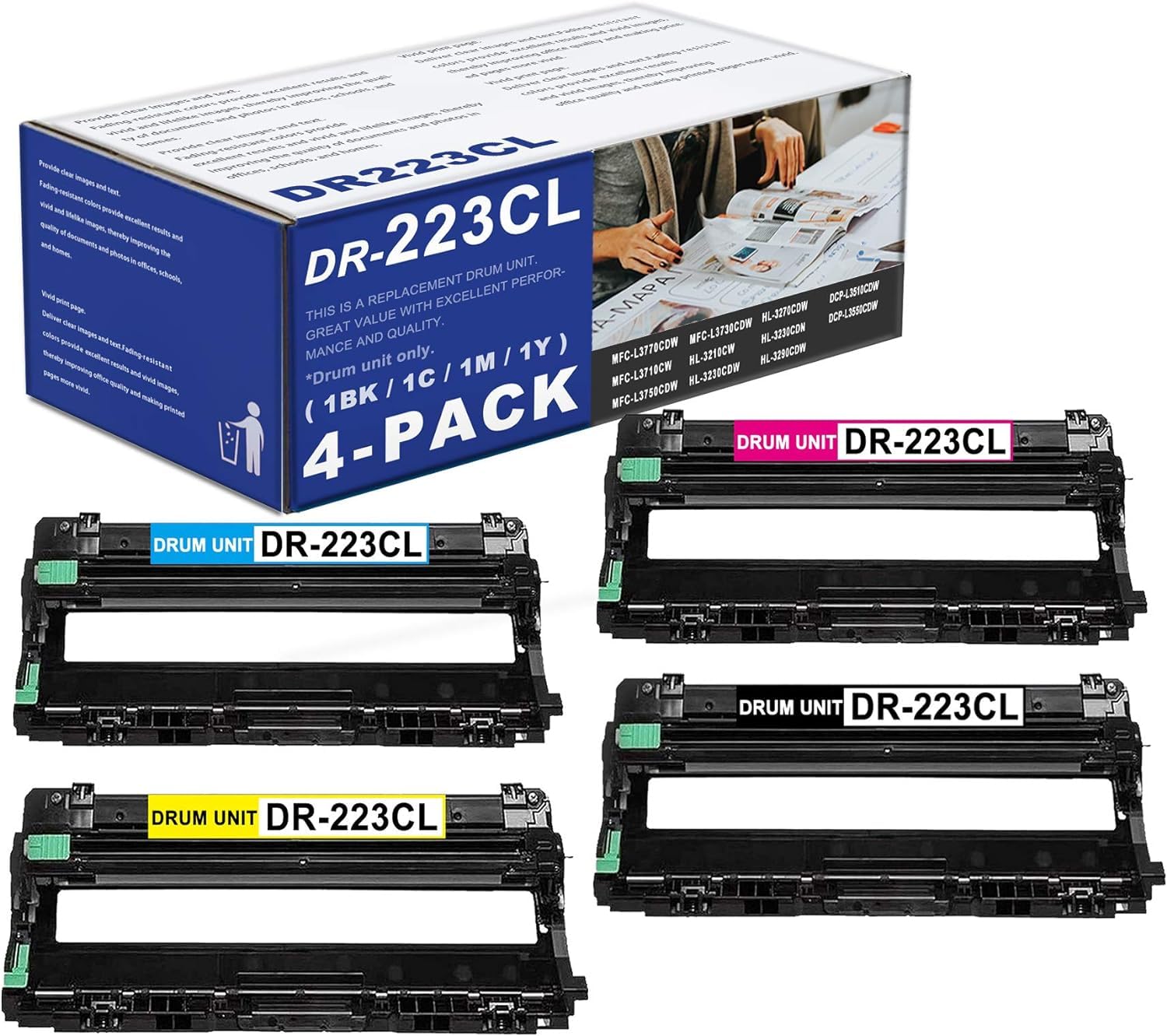 Brother DR223CL Drum Unit Replacement - 4 Pack (Black, Cyan, Magenta, Yellow) | Compatible with MFC-L3770CDW, MFC-L3750CDW, HL-L3290CDW, HL-L3230CDW Printers | Ideal for Office Printing & High-Volume Document Production