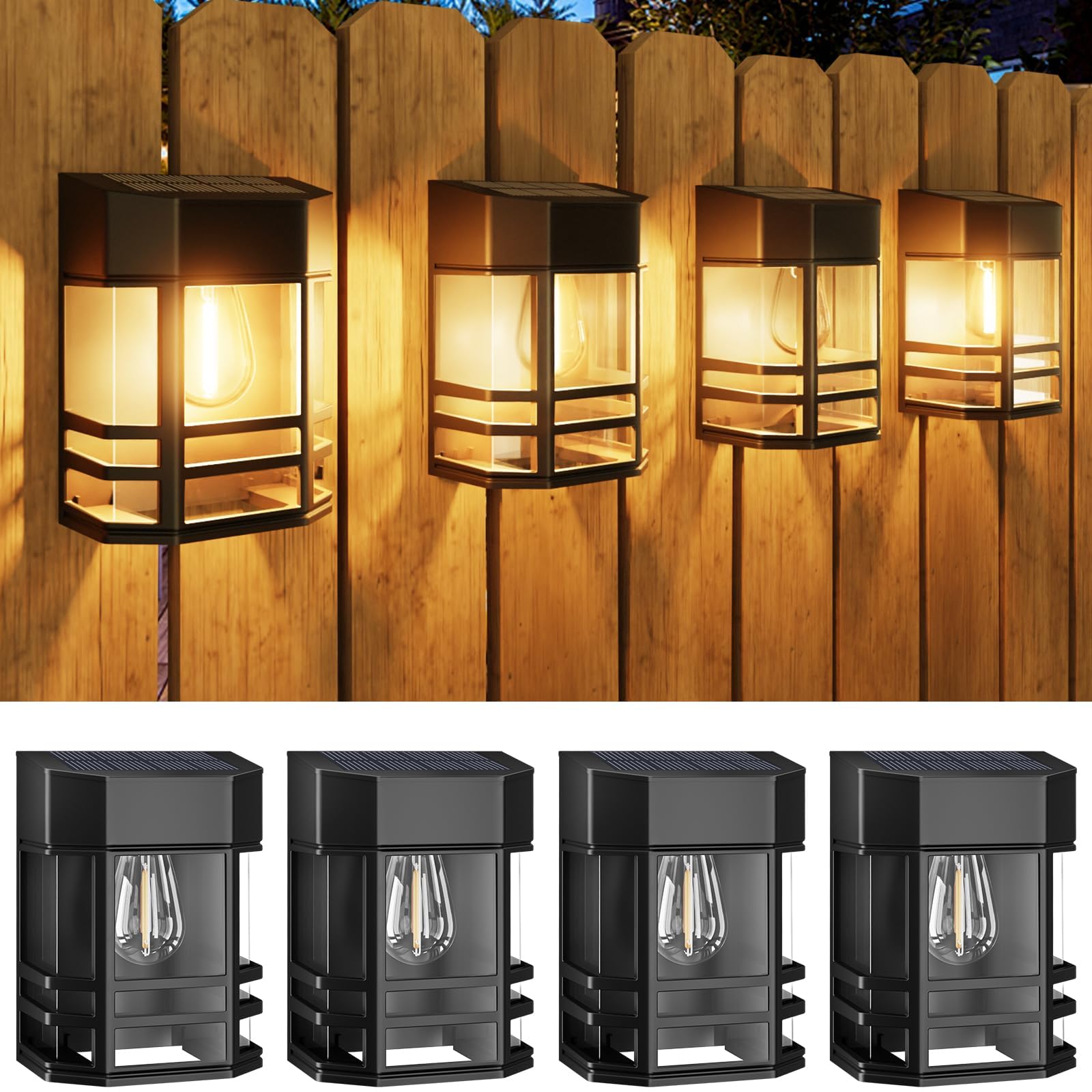 4 Pack Solar Fence Lights Outdoor Waterproof - Retro Solar Powered Deck Lights with Edison LED Bulbs - Warm White Solar Wall Lights for Garden, Patio, Yard & Post Decor - Perfect for Pathway Lighting & Evening Ambiance